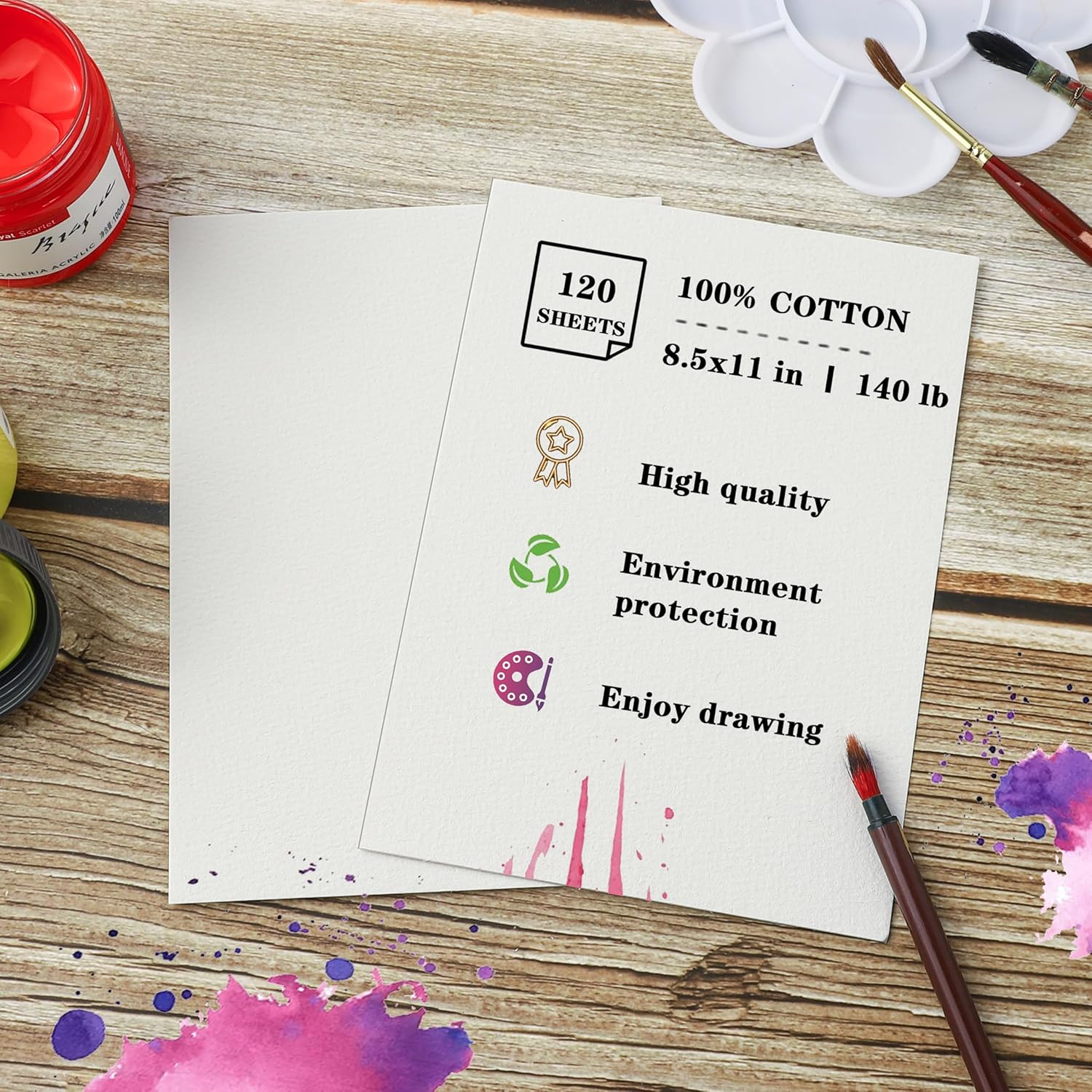 Silunkia 120 Sheets 100% Cotton Watercolor Paper 8.5 x 11 for Painting, 140lb/300gsm Heavyweight Cold Pressed Off White Paper for Students Adults Artists Drawing Valentine Gift Cards