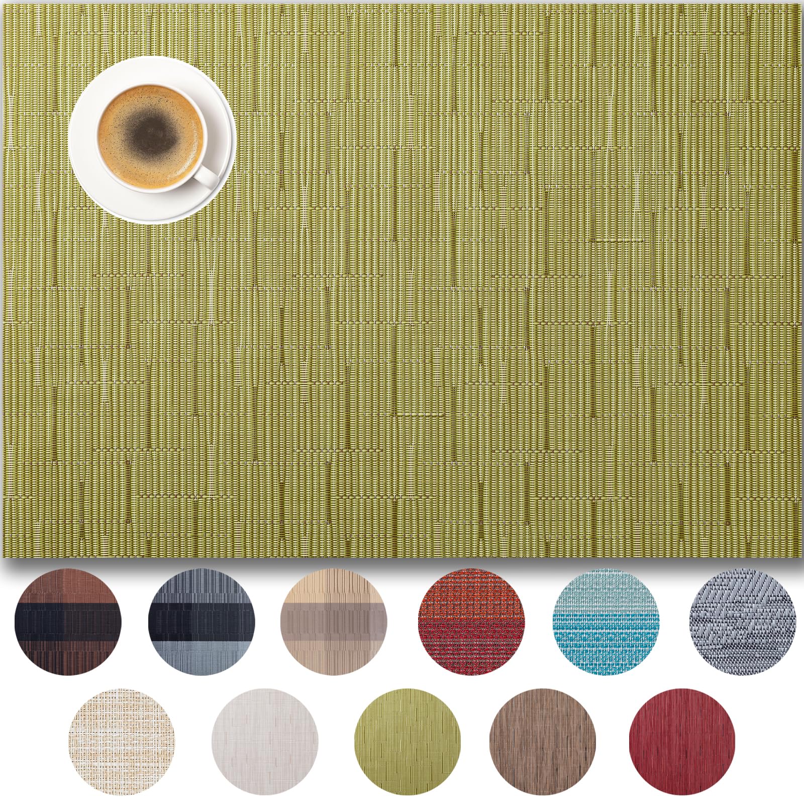 Placemats Set of 12 - Easy Clean Woven Vinyl Placemats for Dining Table, Indoor/Outdoor Place Mats, Washable PVC Table Mats （Pea Green） — image 1