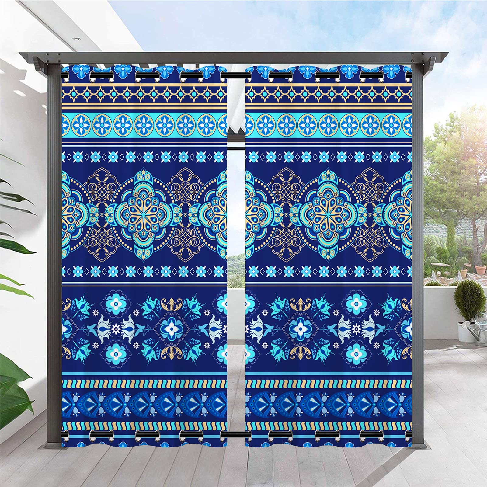 ANHOPE Outdoor Curtains Grommet Top & Bottom Windproof Waterproof Window Drapes with Ethnic Geometric Stripes Boho Floral Print Pattern Outside Curtains for Patio Pergola Gazebo 2 Panels 36 x 84 Inch