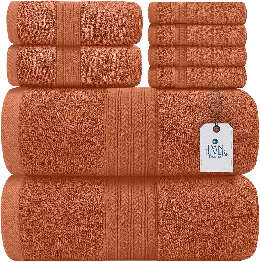 DAN RIVER 100% Ring Spun Cotton 8-Piece Towel Set, Orange, 2 Bath Towels, 2 Hand Towels and 4 Washcloths, 550 GSM - Soft, Absorbent Cotton Towels for Bathroom, Spa, and Gym