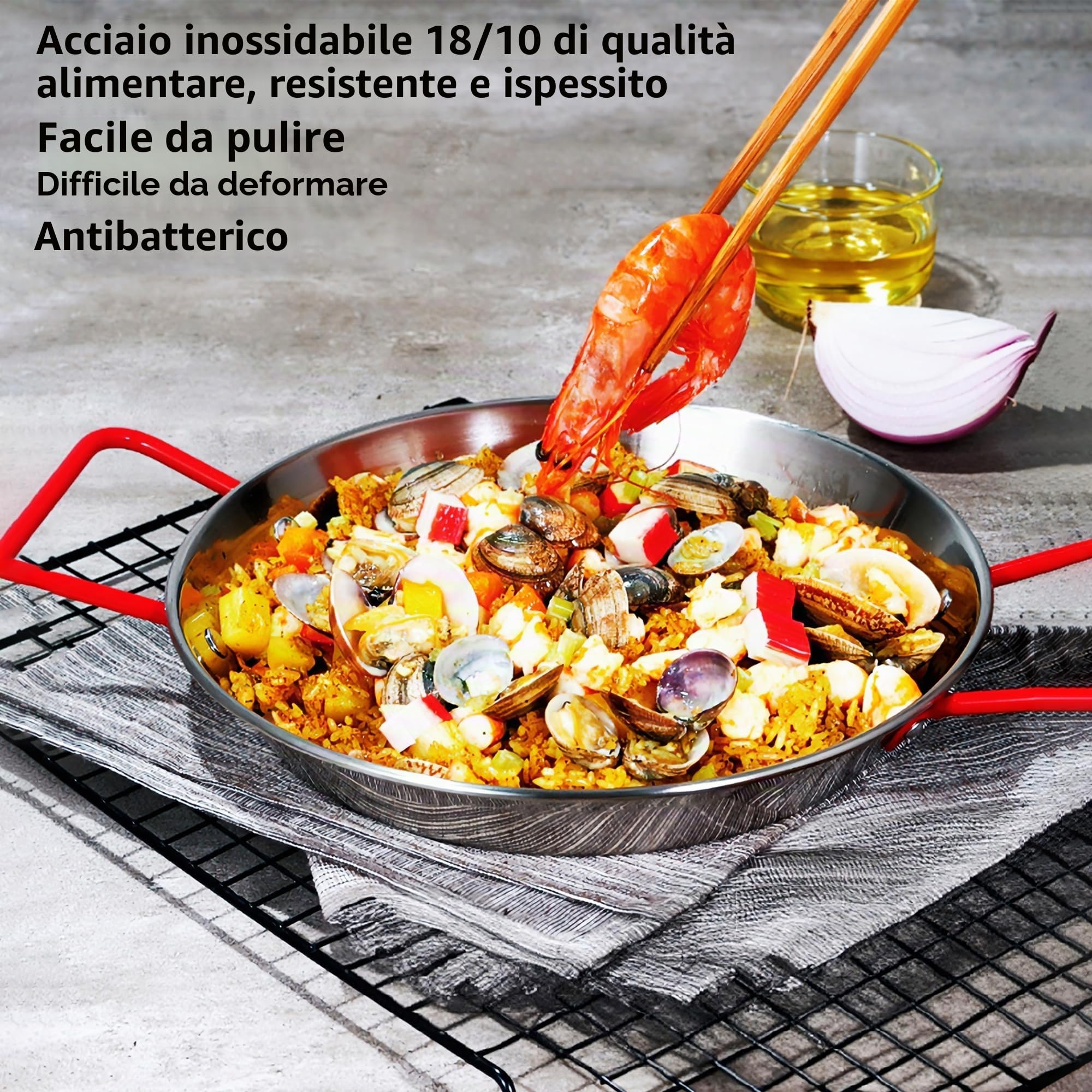 Padella per paella in acciaio inox con manici rossi