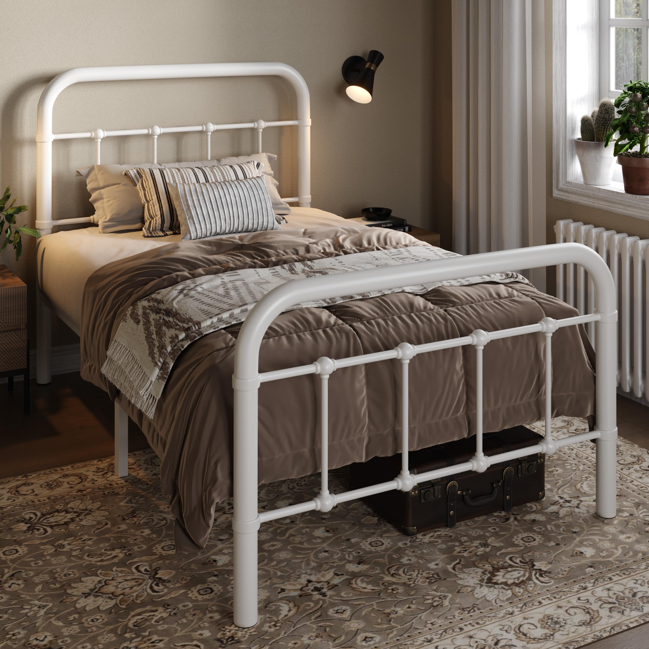 Allewie Twin Metal Bed Frame with Victorian Iron-Art Headboard, White