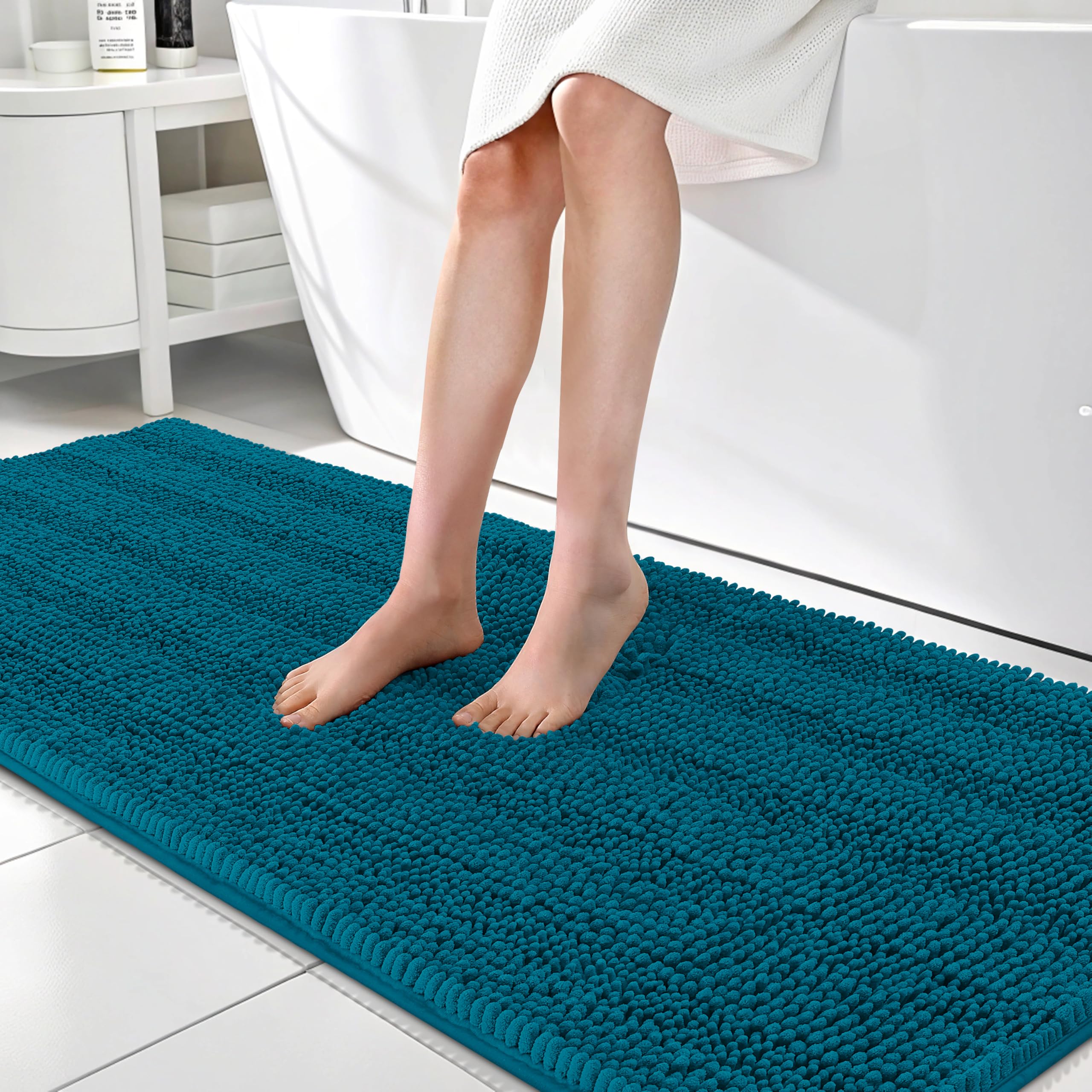 OLANLY Thick Bathroom Runner Rugs 70x24, Chenille Bath Rugs, Peacock Blue