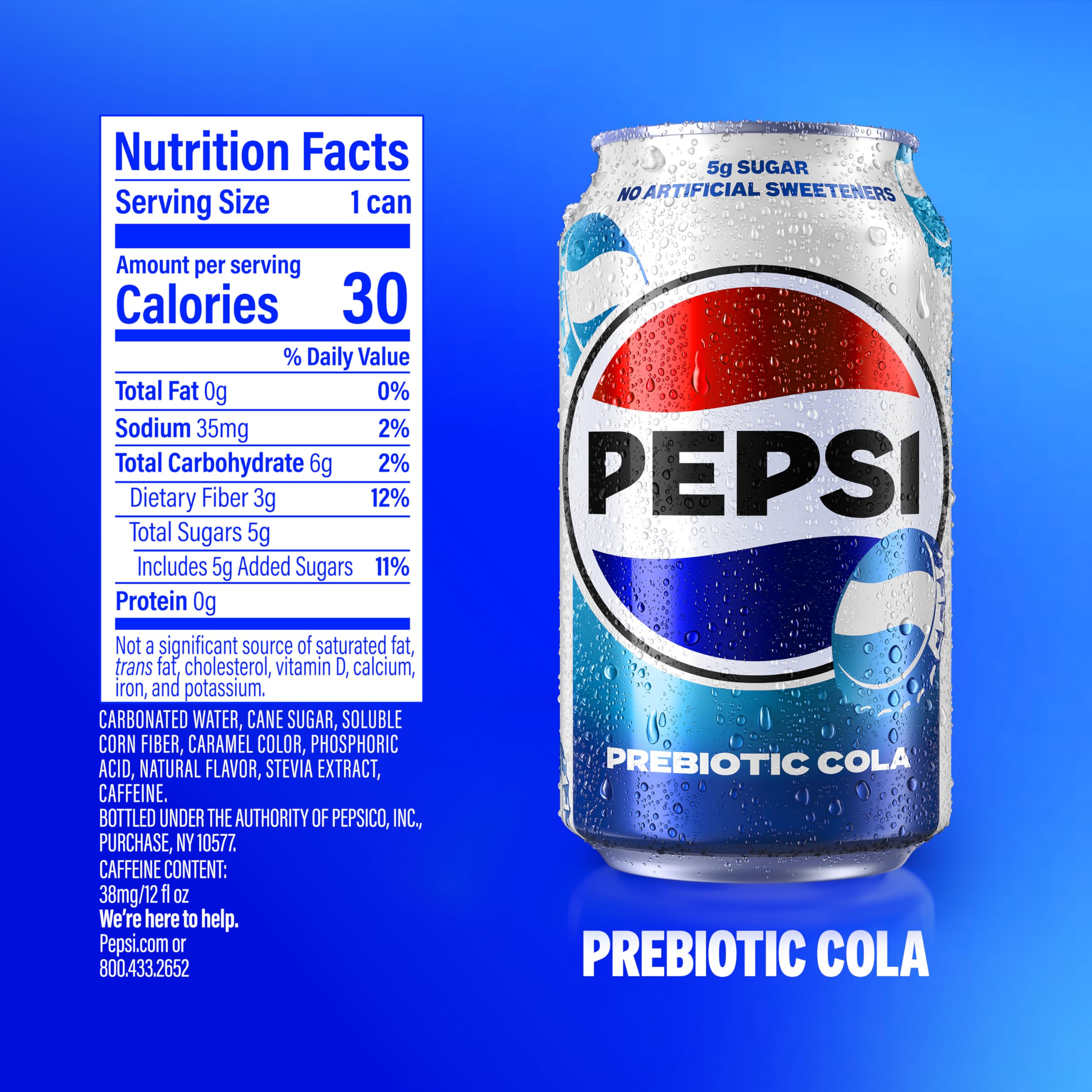 Pepsi Prebiotic Cola 12 fl oz Cans 8 Pack 30 Calories 5g Prebiotic Fiber 5g Sugar Soda Pop — view 2