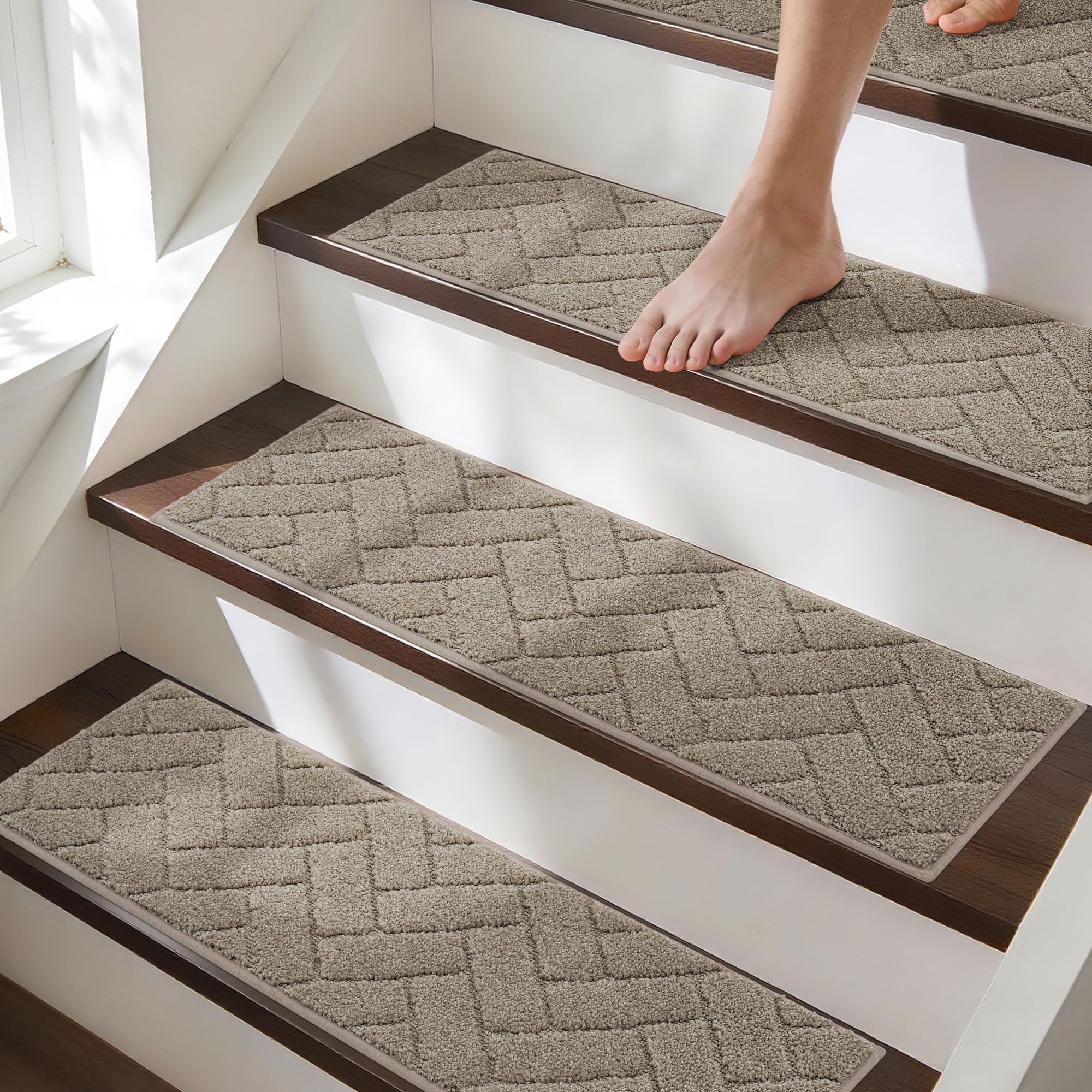 BEQHAUSE Tapis Escalier, Beige, 15 Pièces, Antidérapant, 22 * 70cm