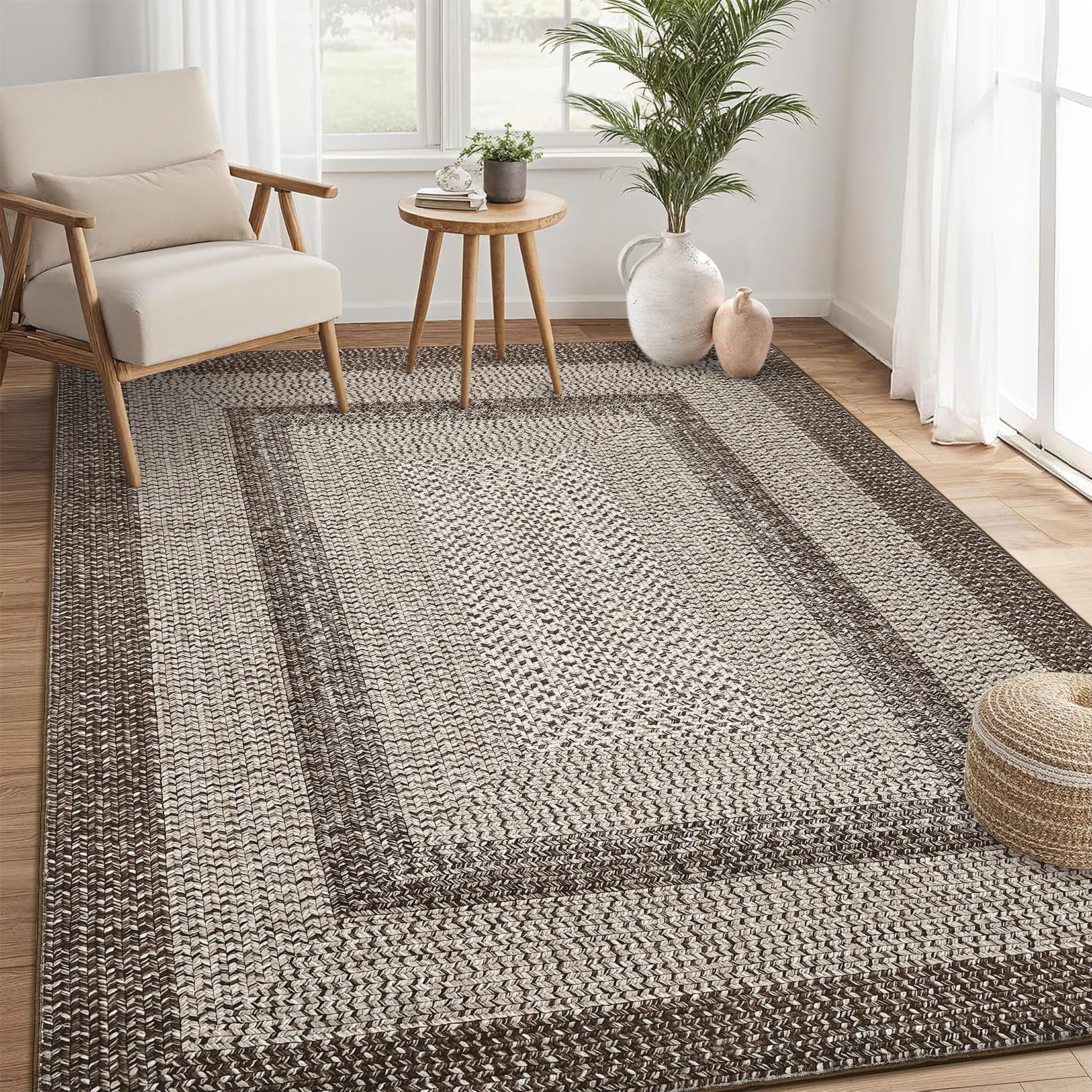 RUGSREAL Washable Rugs 5x7 Living Room Boho Throw Rug Stain Resistant Braided Print Border Large Carpet for Bedroom with Rubber Backing Low Pile