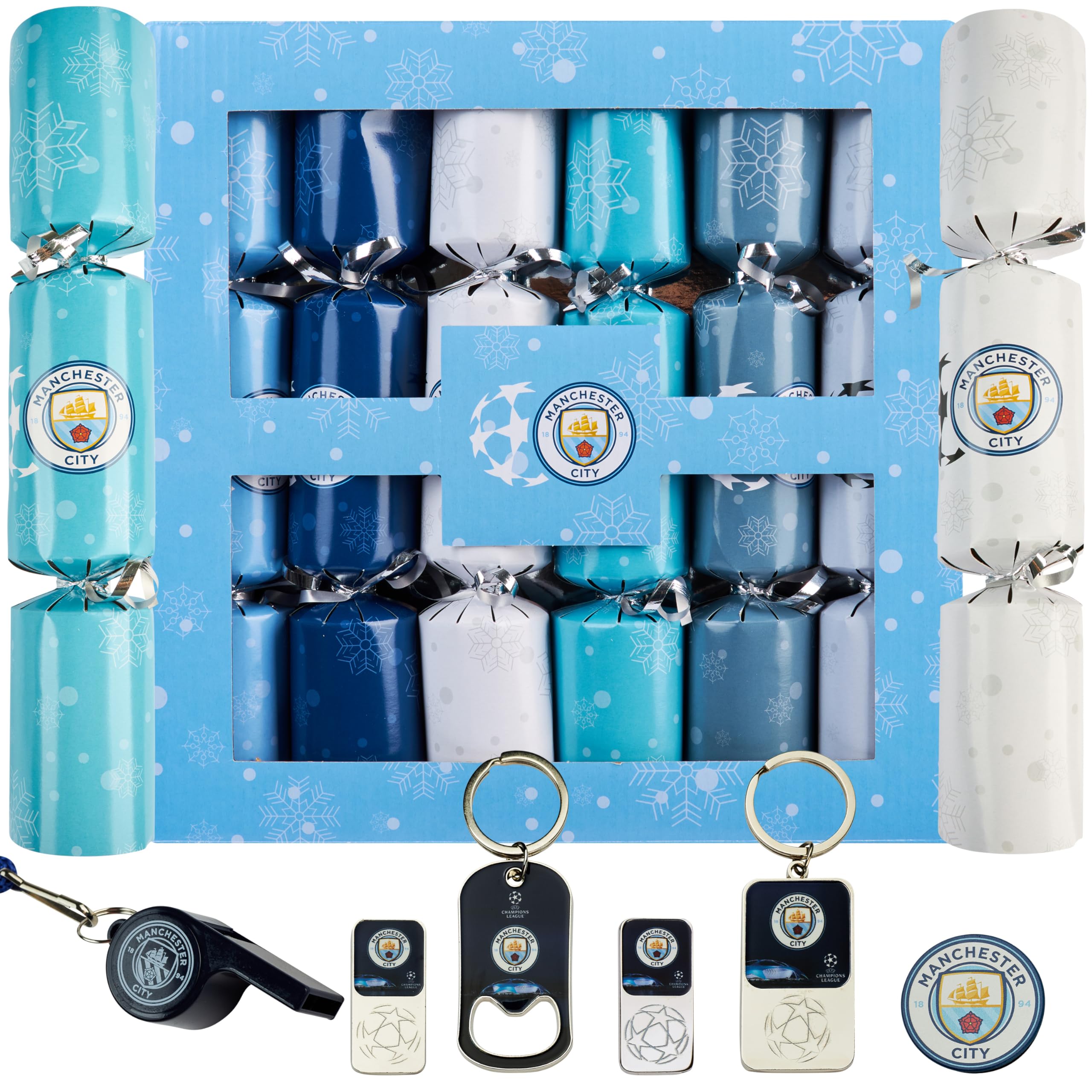 MANCHESTER CITY F.C. Luxury Christmas Crackers, Pack of 6 Deluxe Xmas Crackers with Man City Football Collectibles, Fun Novelty Christmas Party Gifts