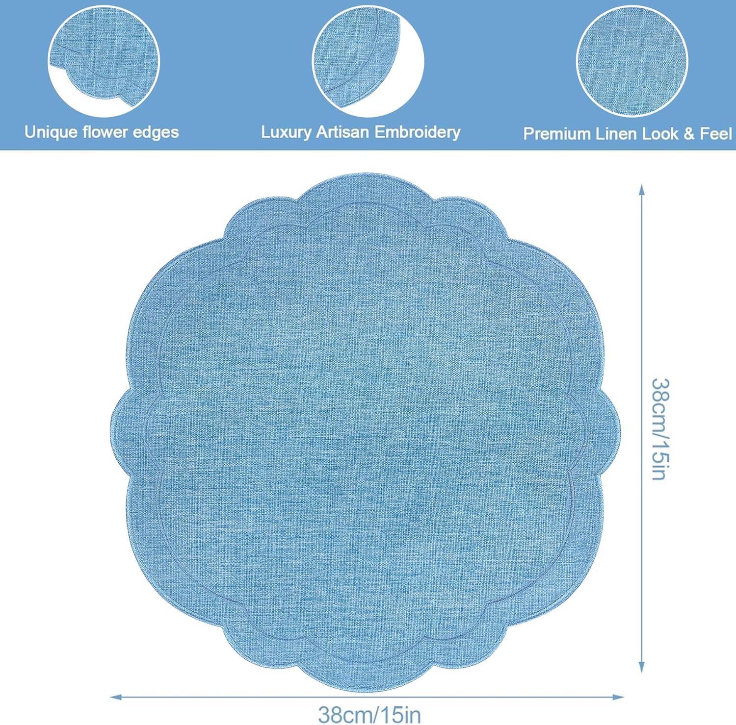Set of 6 Blue Cotton Linen Placemats 15 Inch Embroidery Scalloped Placemats Pure Floral Table Mats Washable Fabric Table Mats for Wedding Baby Shower Tea Party Festival Spring Holiday Decor