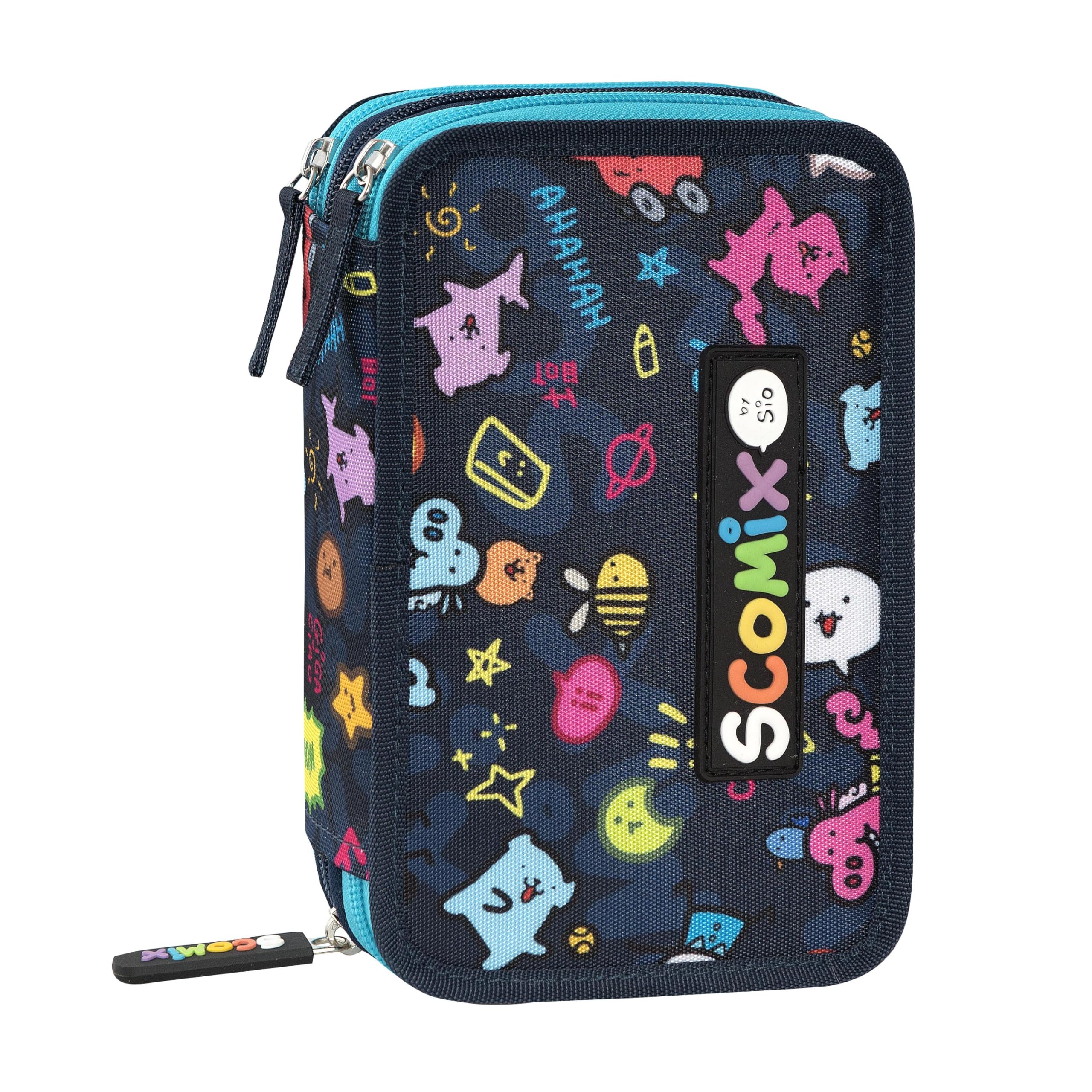 COMIX Scomix by Sio - Astuccio Scuola, Astuccio 3 Scomparti per Bambini e Ragazzi, con Set Cancelleria Incluso, 5 Etichette Adesive Portanome e Pratiche Chiusure a Zip, 20 x 13H x 7 cm, Blu
