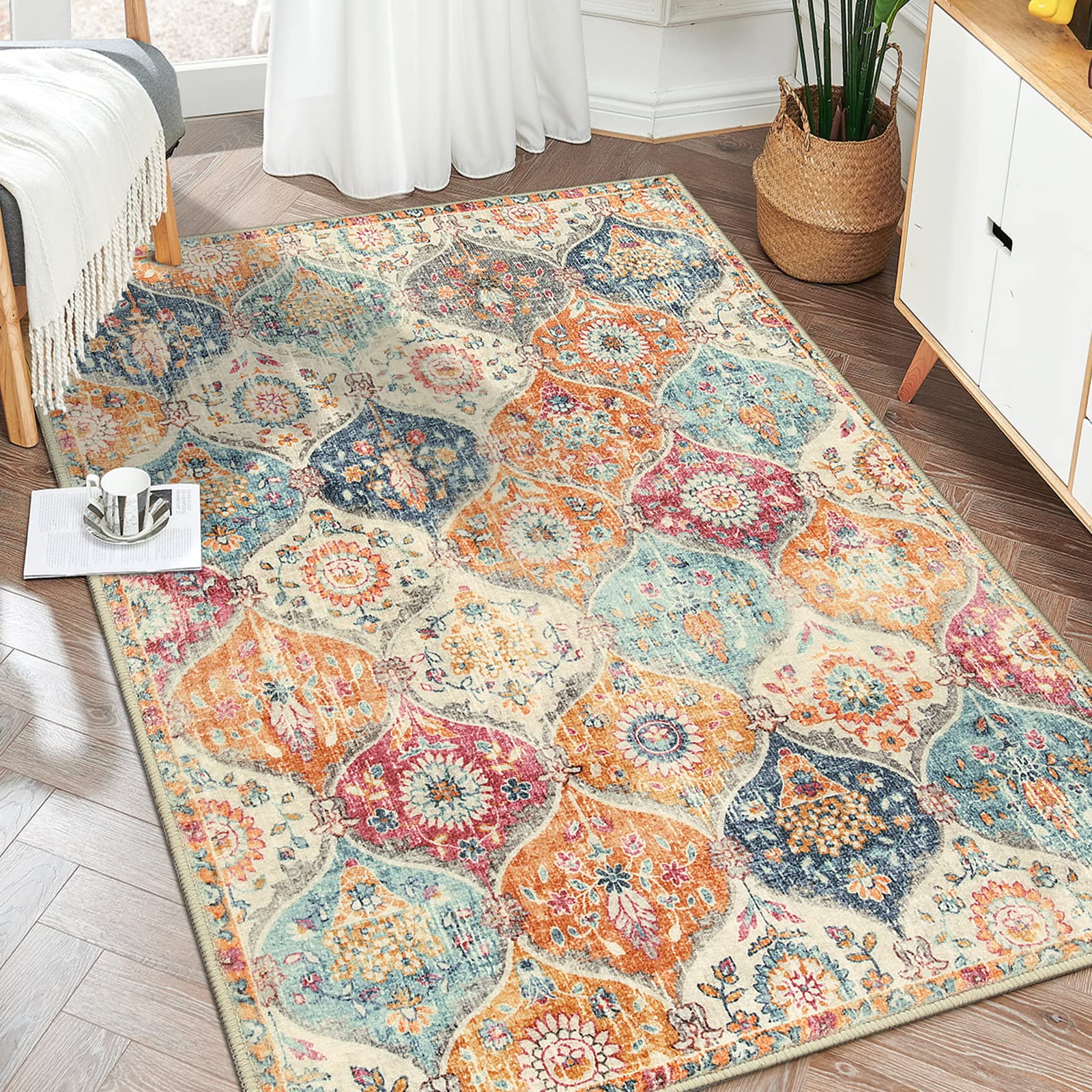 Lahome Moroccan Machine Washable Rug - 5x7 Area Rugs Non-Slip Living Room Rugs Vintage Trellis Rug Ultra-Thin Throw Rug Distressed Large Carpet for Bedroom Office Dining Room Kitchen(5'x7',Multi)