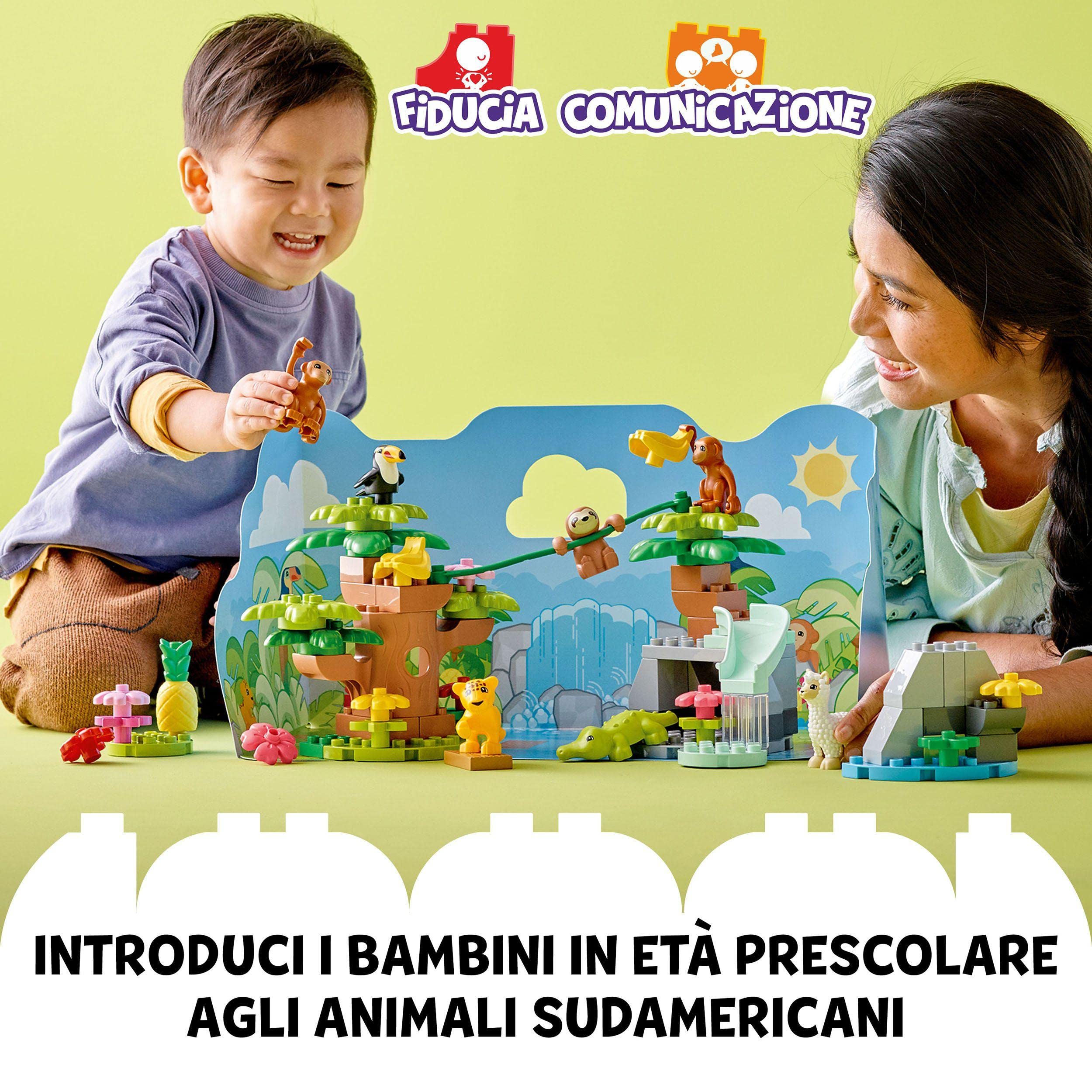 LEGO DUPLO Animali del Sud America, Giochi Educativi per l'Apprendimento con 7 Figure di Animali Giocattolo, Tappetino da Gioco della Giungla per Bambini e Bambine dai 2 Anni in su 10973