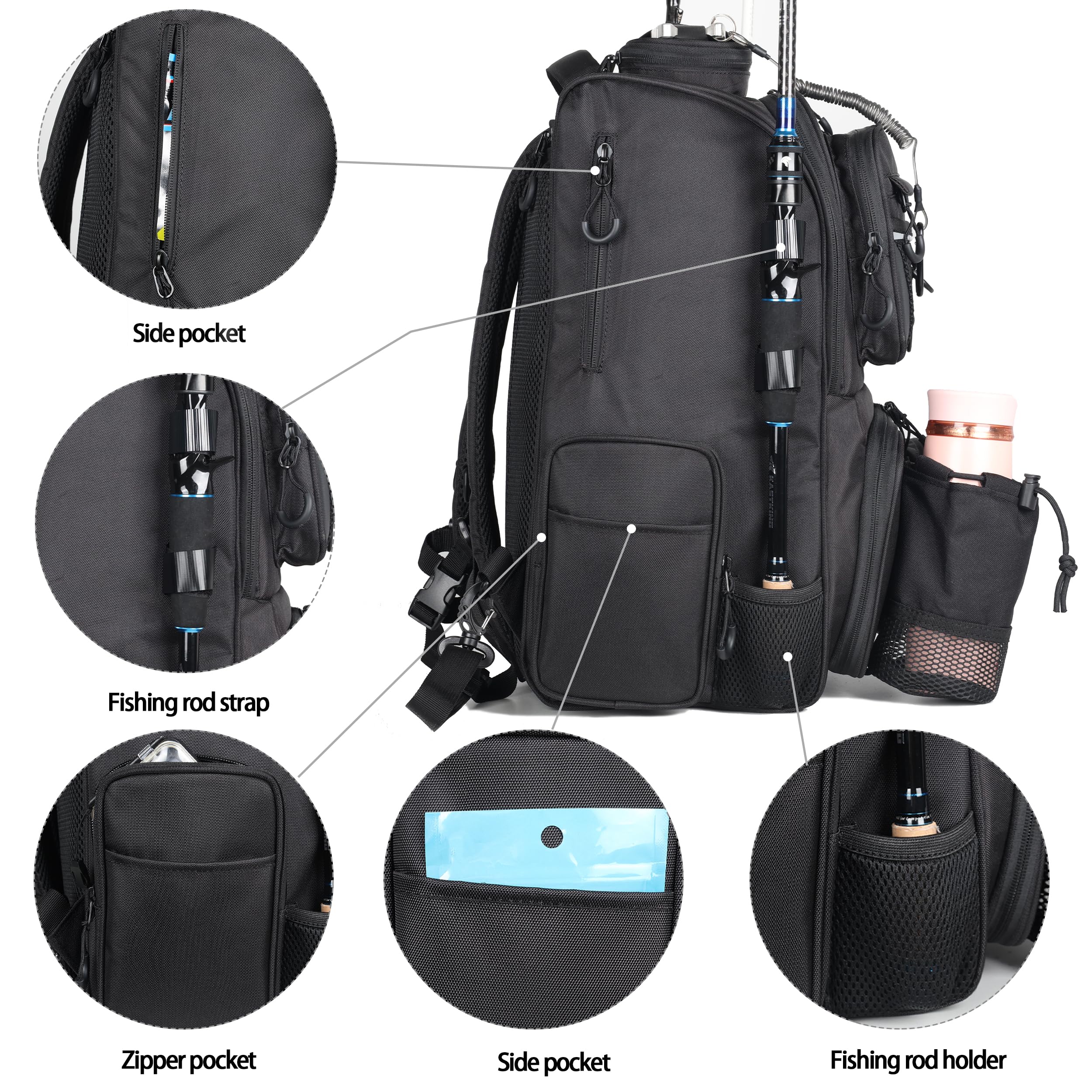 Mochila de aparejos de pesca con soportes para caña (bandejas no incluidas), mochila de pesca grande de 40 L, equipo de pesca, regalos de pesca para hombres