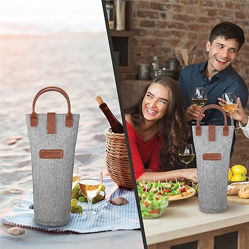 Miniatura 7 de opux Bolsa de vino individual para botella, bolsa térmica de viaje para regalo de picnic, playa, portátil, con relleno térmico, para mujeres,