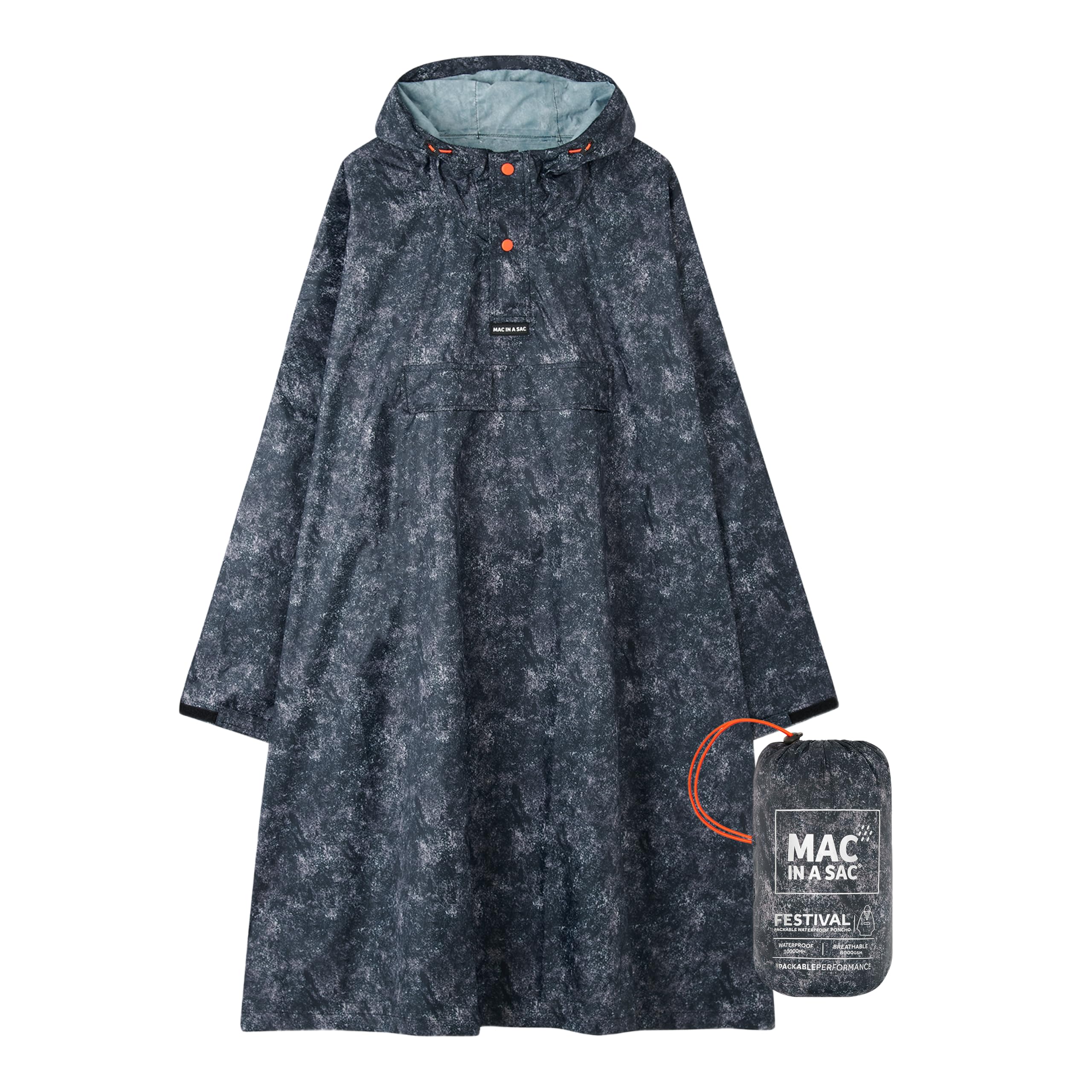 Mac in a Sac Festival Poncho - Packable Waterproof Cape - Unisex - Highly Breathable (8,000gsm) - Adjustable Snap Sides - Graphite Etch