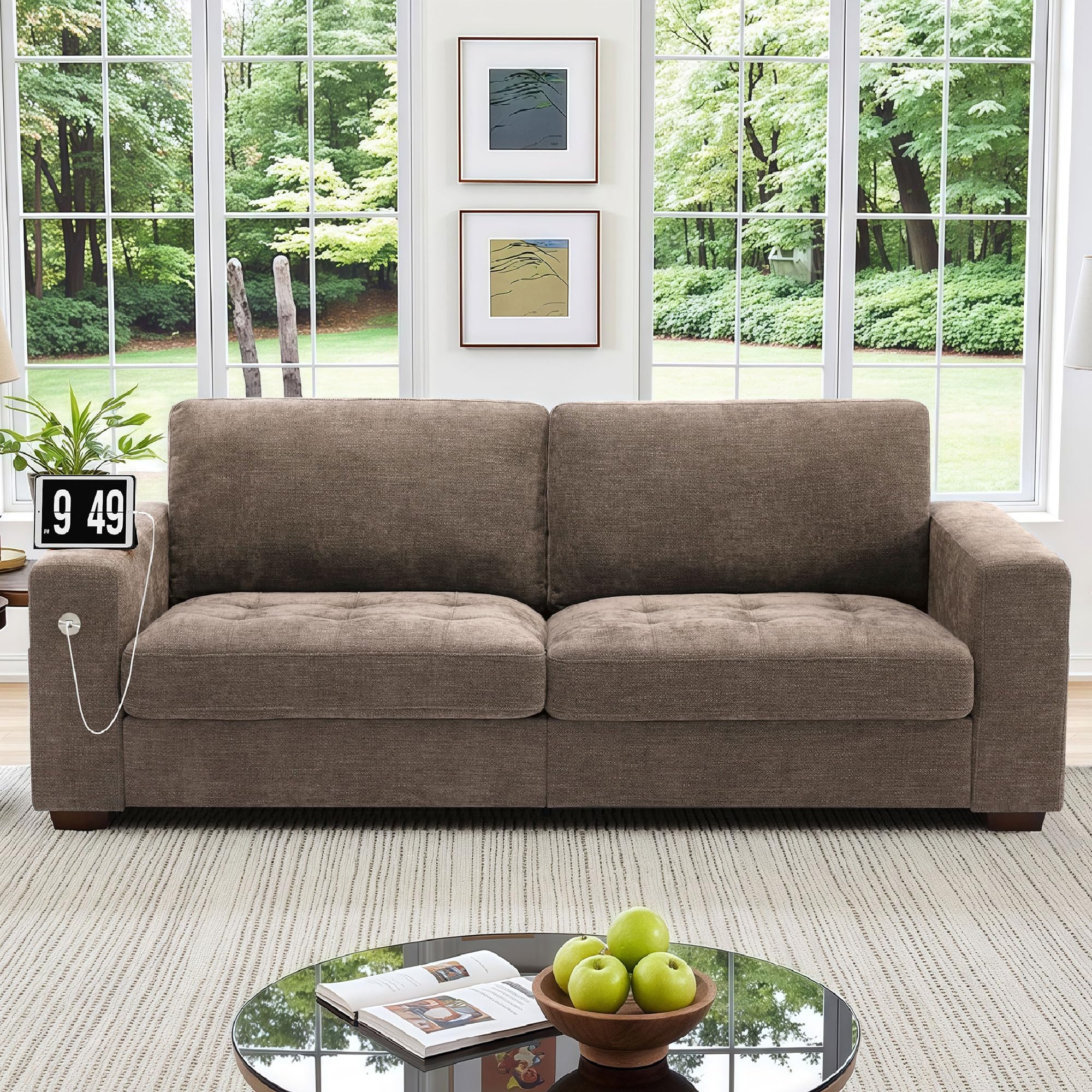 WESTSETLUX 89" Modern Sofa Couch for Living Room, Chenille 3-Seater Couch with Thick Cushions, USB/Type-C Port, Removable Cover, Solid Wood Frame,