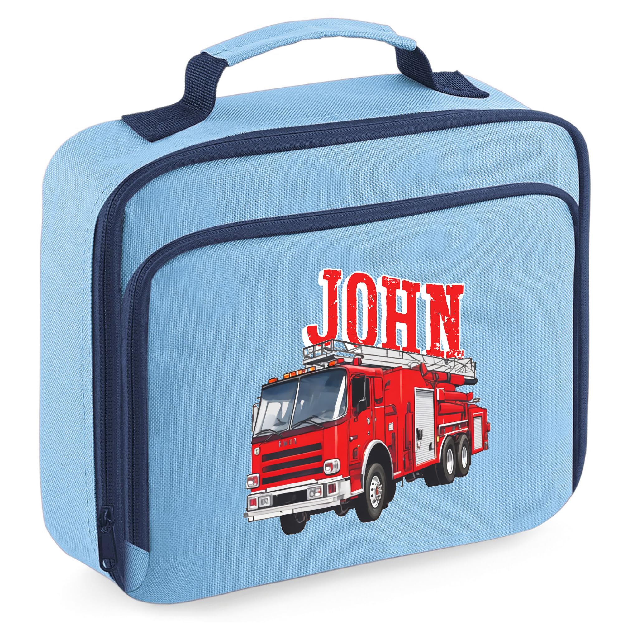 Personalised Fire Engine Lunch Box for Boys Custom Name Back to School Nursery Bag, 24cm x 20cm x 8cm, Sky