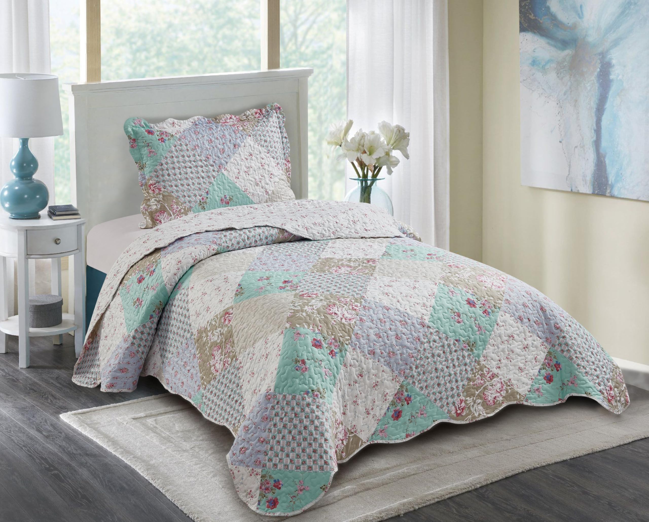 Brilliant Sunshine Blue and Green Rose Patchwork, 2-Piece Quilt Set with 1 Sham, Reversible Bedspread, Soft Lightweight Coverlet, All-Season, Twin,