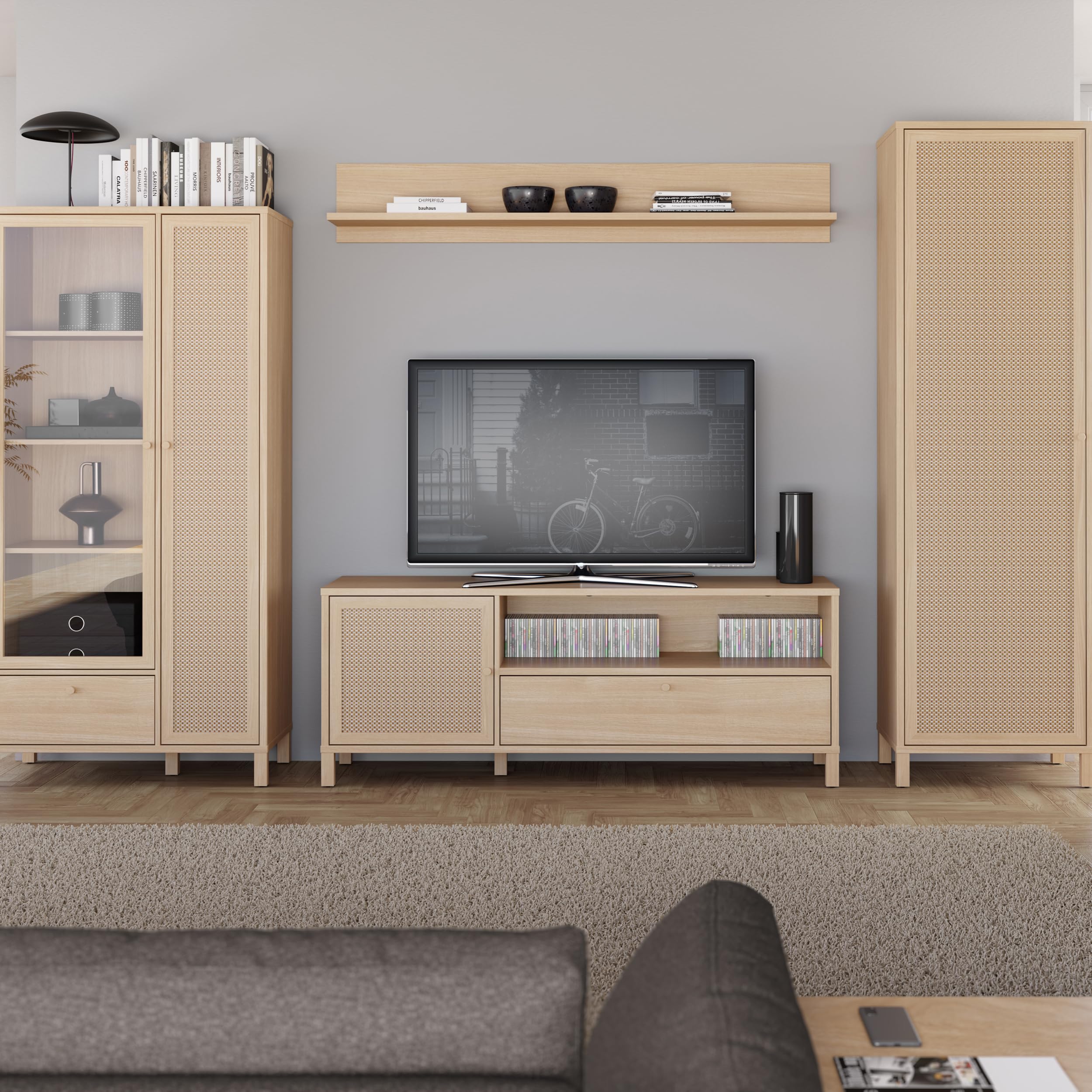 Forte SKELBIT Schrank 60, schmaler Schrank im Boho-Stil, 1-türig, Mehrzweckschrank, Holzwerkstoff, Flur, Wohnzimmer, Elegancia Eiche Holzdekor|Technorattan, 59,8 mc breit x 200,9 cm hoch x 42 cm tief
