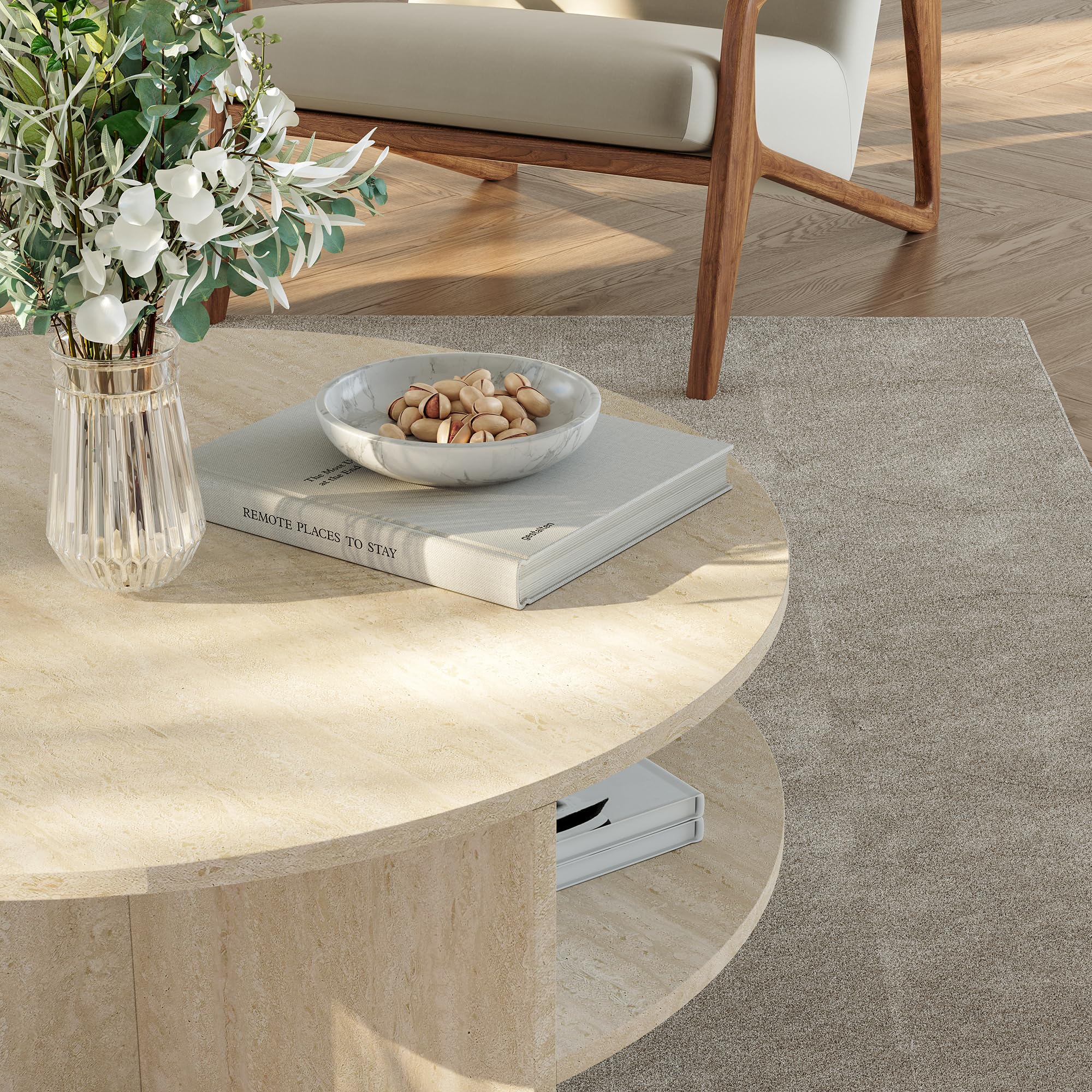 [en.casa] Tavolino Centrale da Salotto Tavolo Basso Rotondo con Ripiano Tavolino da caffè per Soggiorno Area Living Ø80 x 41 cm Color Avorio Travertin