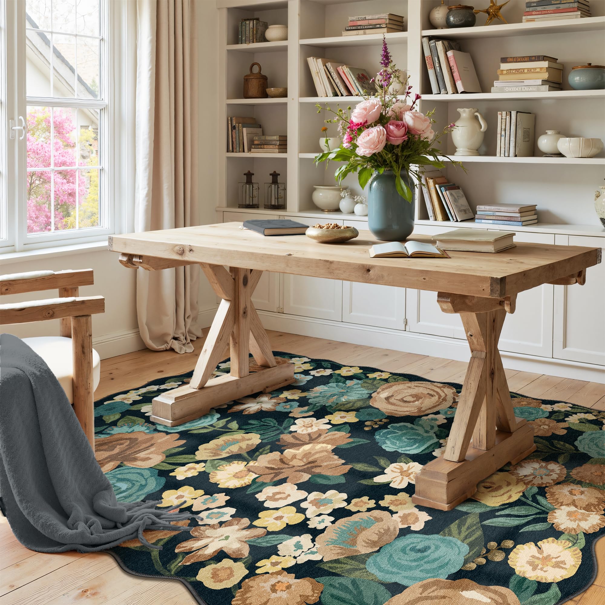 HUGEAR Schwarzer Teppich Wohnzimmer Blumenmuster 80x150cm Schlafzimmer Blumen Boho Neutral Moderner Weich rutschfest Waschbarer Groß Teppiche Wohnzimmer Esszimmer BüRo Innen Kurzflor Carpet