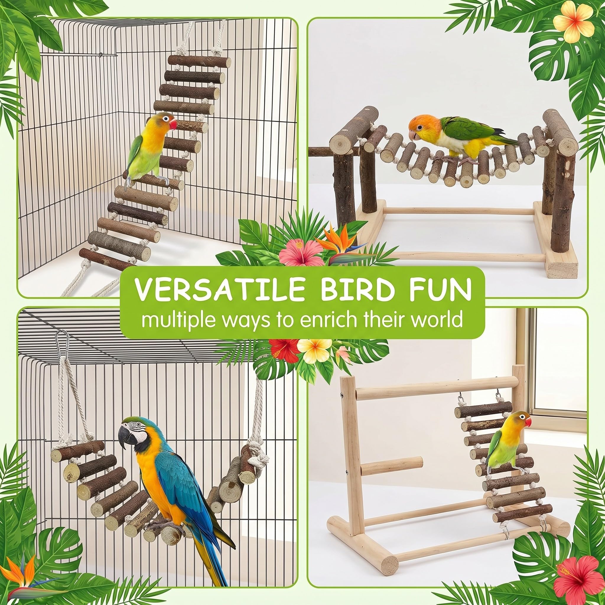 Echelle Pour Perroquet En Bois Naturel 8cm De Large, Pont Suspendu Pour Oiseaux Et Calopsittes, Accessoire Pour Cage À Oiseaux Idéal Pour Grimper Et Faire De L'Exercice, Jouet Perroquet Divertissant