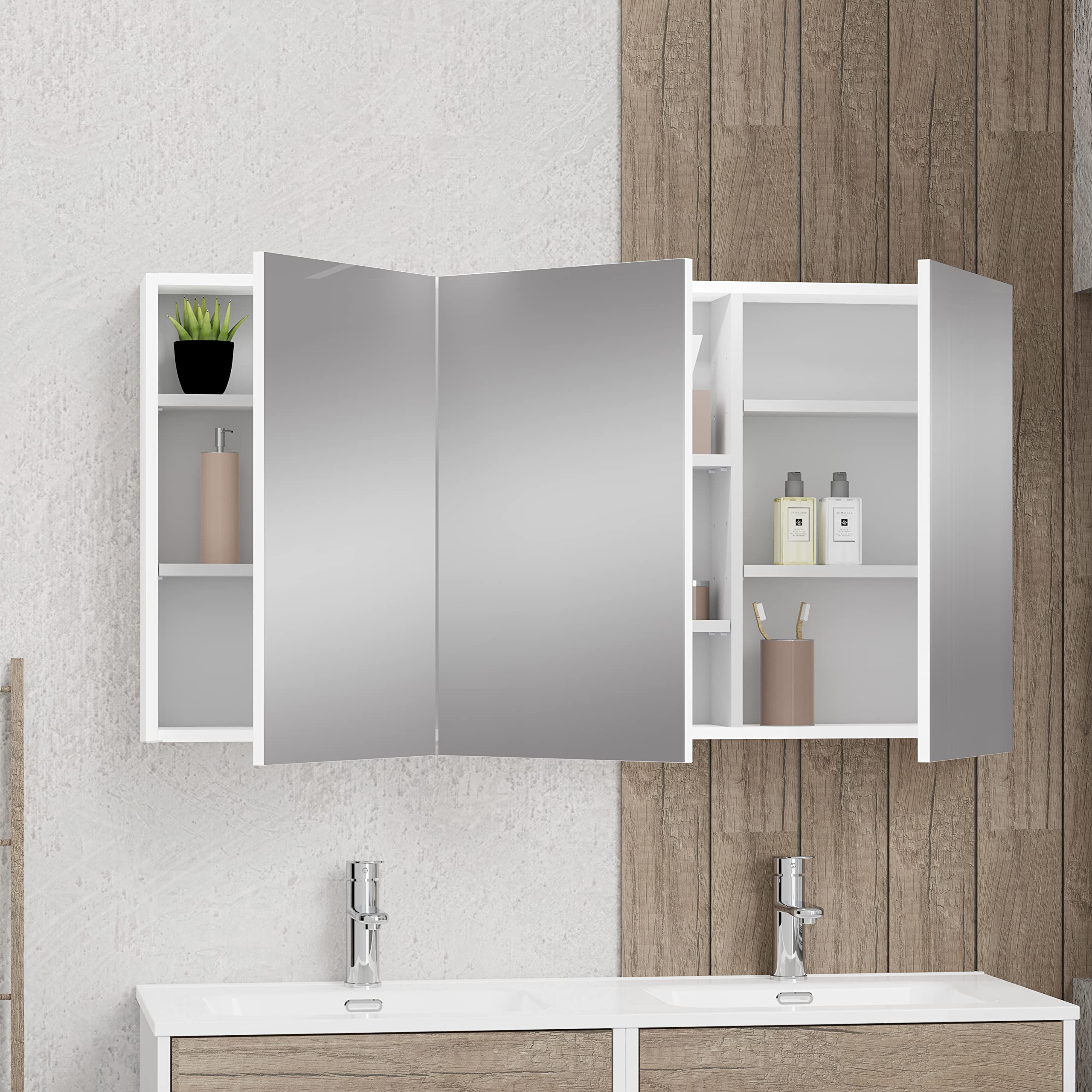 Baikal Mueble Camerino con Espejo, Armario Auxiliar de Baño Multiusos, Opción con o sin Luz LED. Mueble de Pared de fácil colocación. Armario MONTADO. Acabado Blanco. Camerino 120 cm