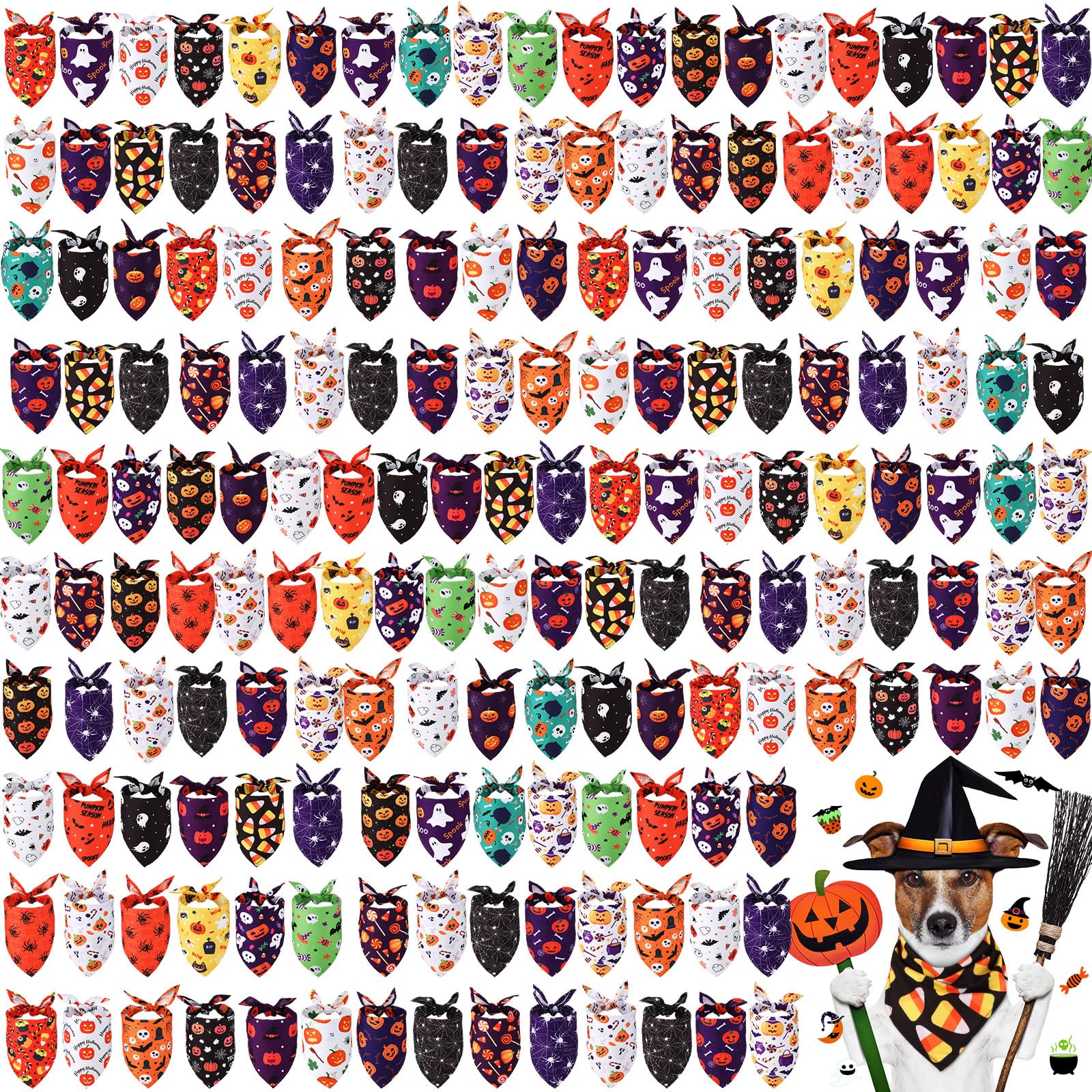 Silkfly 200 Pcs Bulk Halloween Dog Bandanas Large Pumpkin Adjustable Bibs Triangle Scarf Dog Bandanas Costume for Halloween Holiday Pet Costume