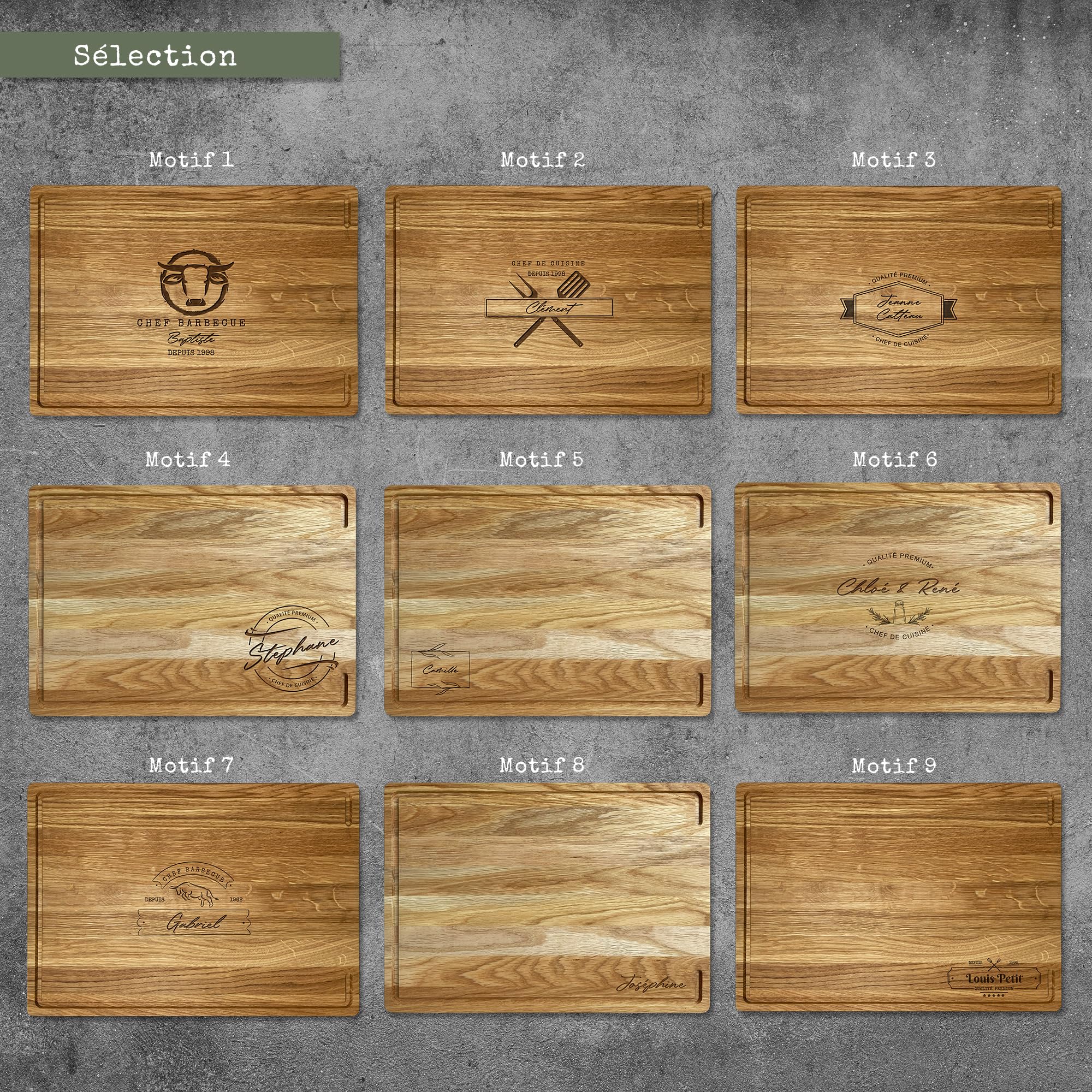 LOOXIS planche à découper personnalisée avec nom - chêne, planche à steak, planche à servir, planche à charcuterie (idée cadeau pour emménagement, anniversaire, fête des pères) - Motif 6