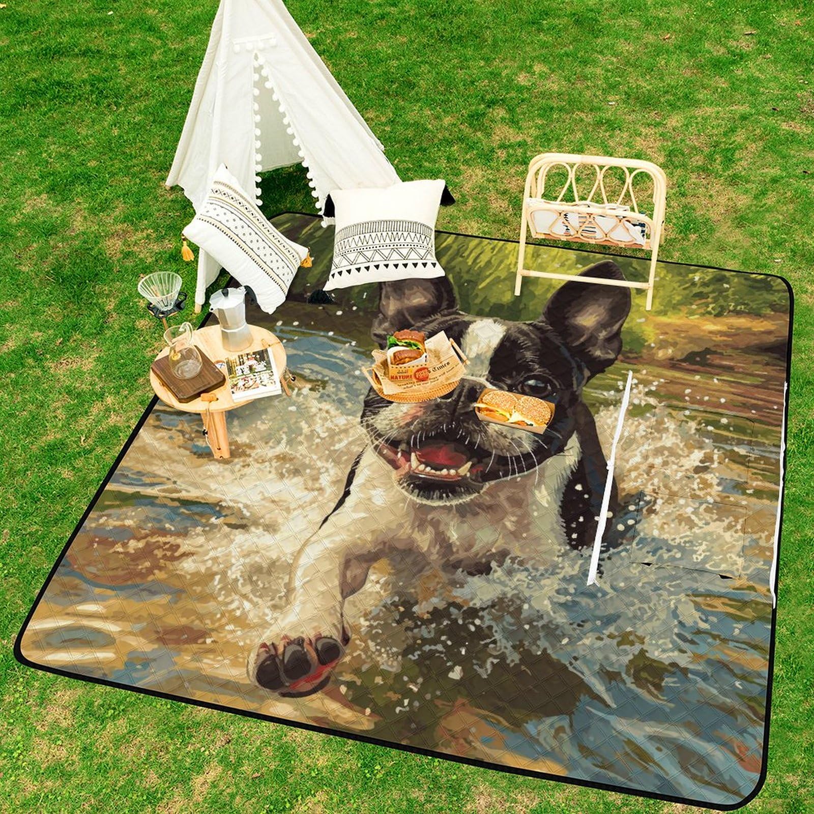 Nadruk 3D uroczy pies koc piknikowy zwierzęta duży koc piknikowy składany koc wodoodporny koc kempingowy dla rodziny, na plażę, piesze wycieczki, kemping 200 x 200 cm