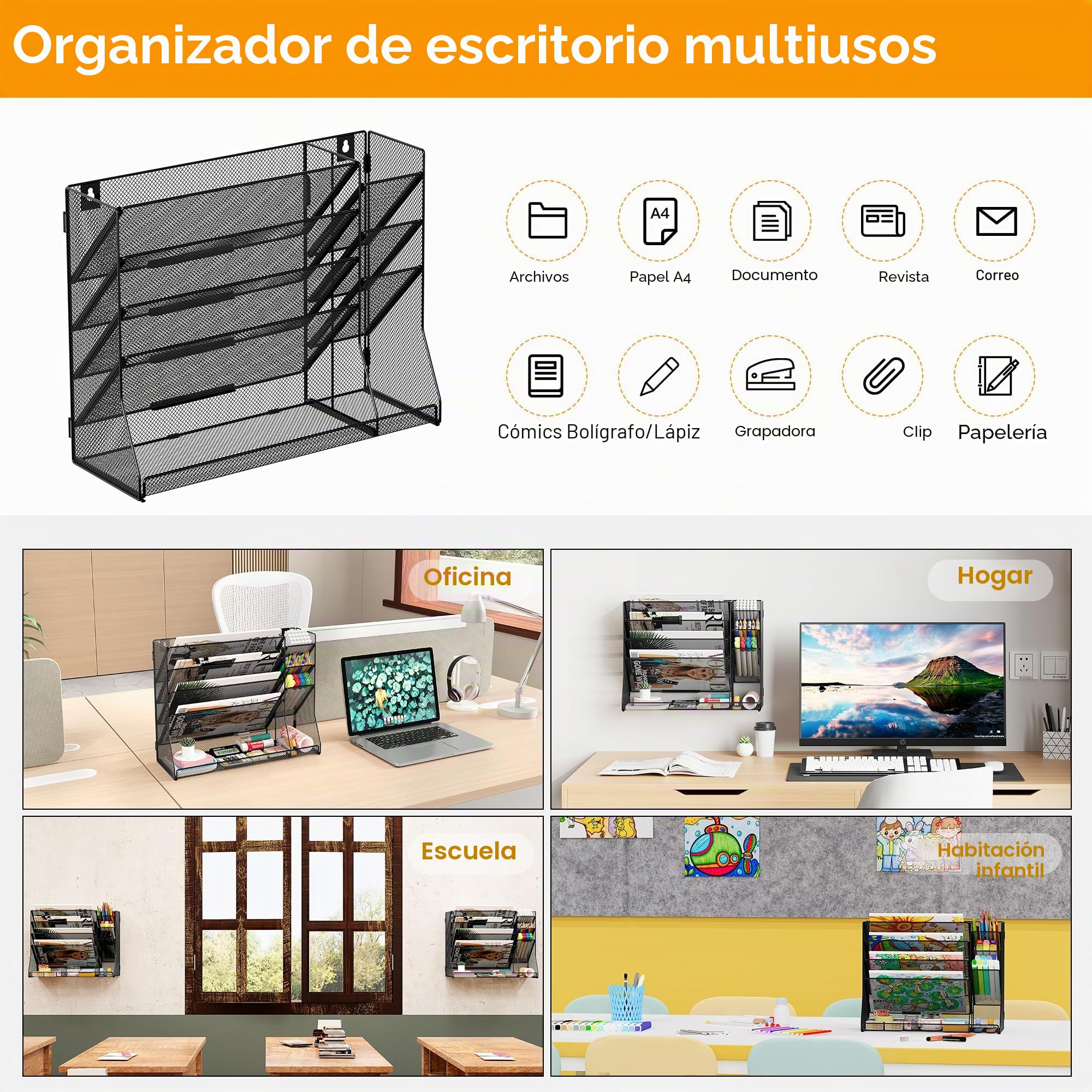 TQVAI 5 Compartimentos Malla Metálica Revistero Pared, de 3 compartimentos Portalapices, Documentos Organizador Papeles A4 Colgante Oficina Archivador de Organizador Herramientas Pared, Negro
