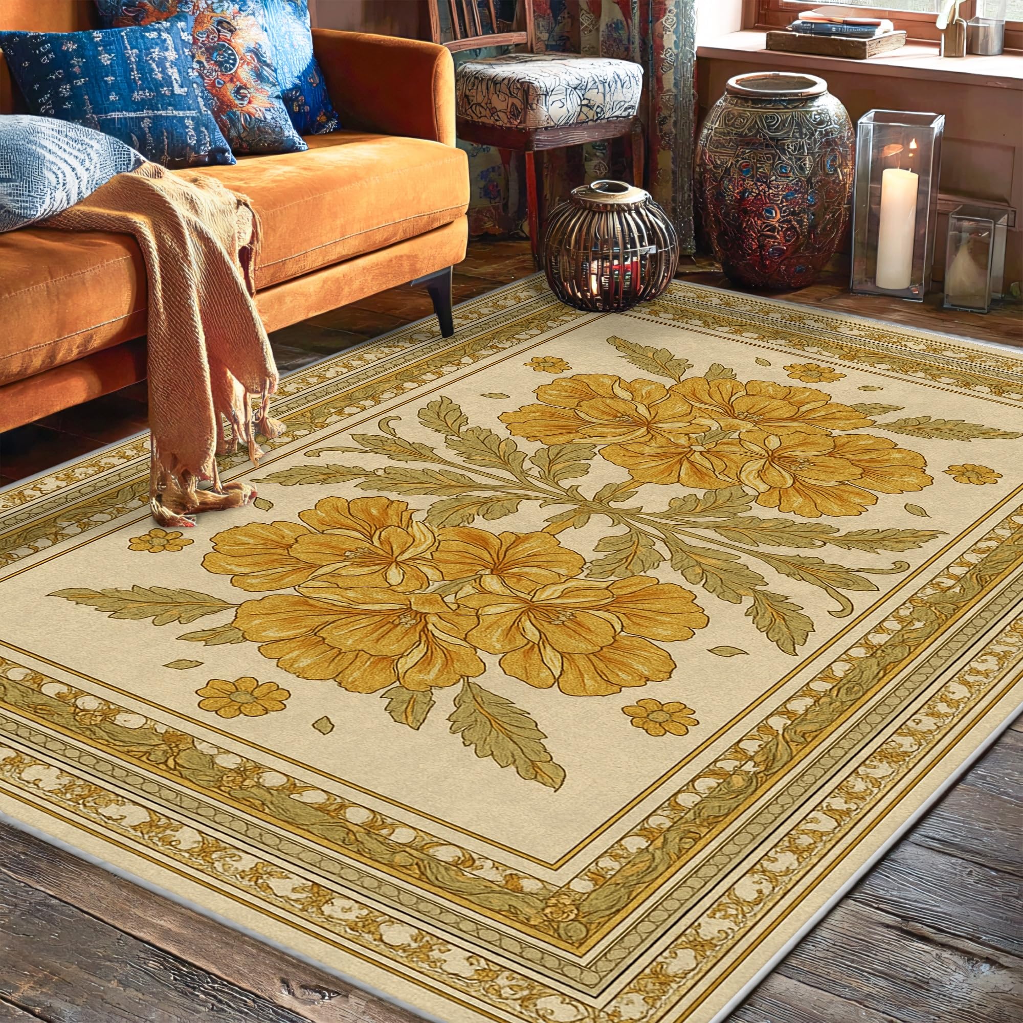 Tapis de salon jaune motif floral printanier 1,5 x 2,1 m esthétique