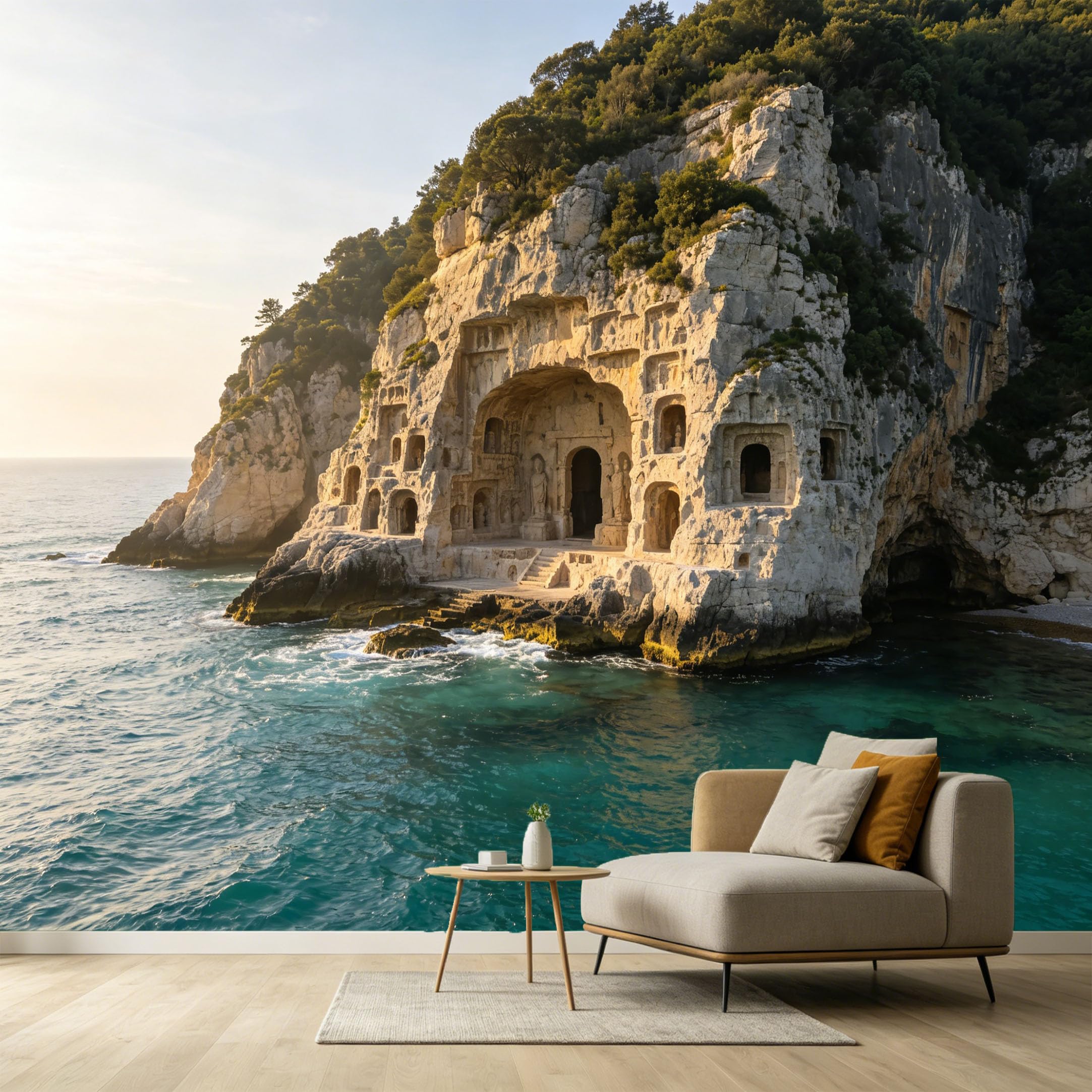 Custom Size Wall Murals Coastal Ocean Marine Landscape Ancient Cave Stone Cliff Sculpture SelfAdhesive Wall Fabric Removable Large Wallpaper for Photo Living Room