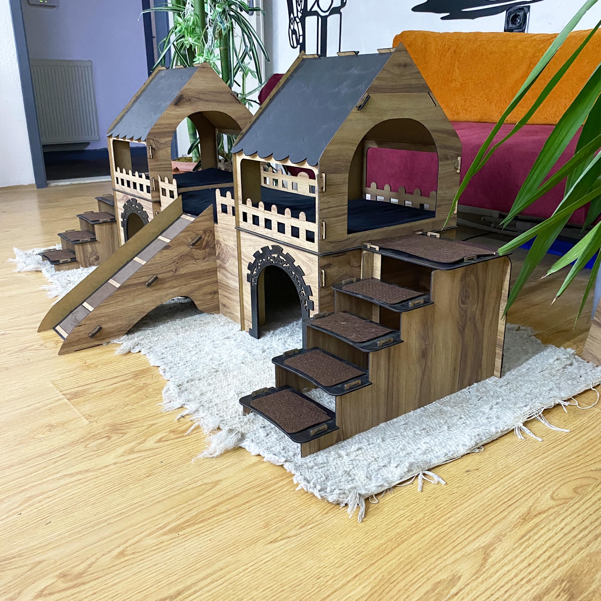 Kaninchenburg mit 2 Etagen, XXL Kaninchenhaus aus Holz mit Rampe & Treppen, Großer Spielturm & Versteck für Zwergkaninchen, Meerschweinchen & Hasen, Indoor Nagerhaus aus Naturholz (Eiche-Schwarz)