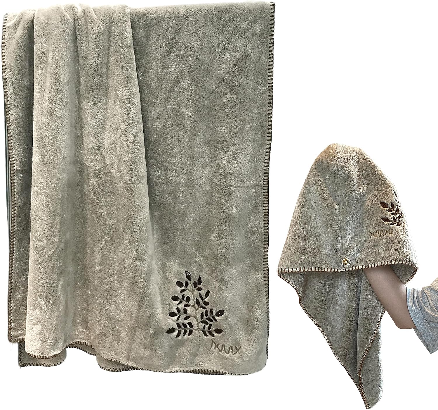 Hair Towel & Bath Towel Set Microfiber Fleece Leaf Embroidered Soft Plush Quick Dry for Shower Spa Travel Home Gym (Pink)