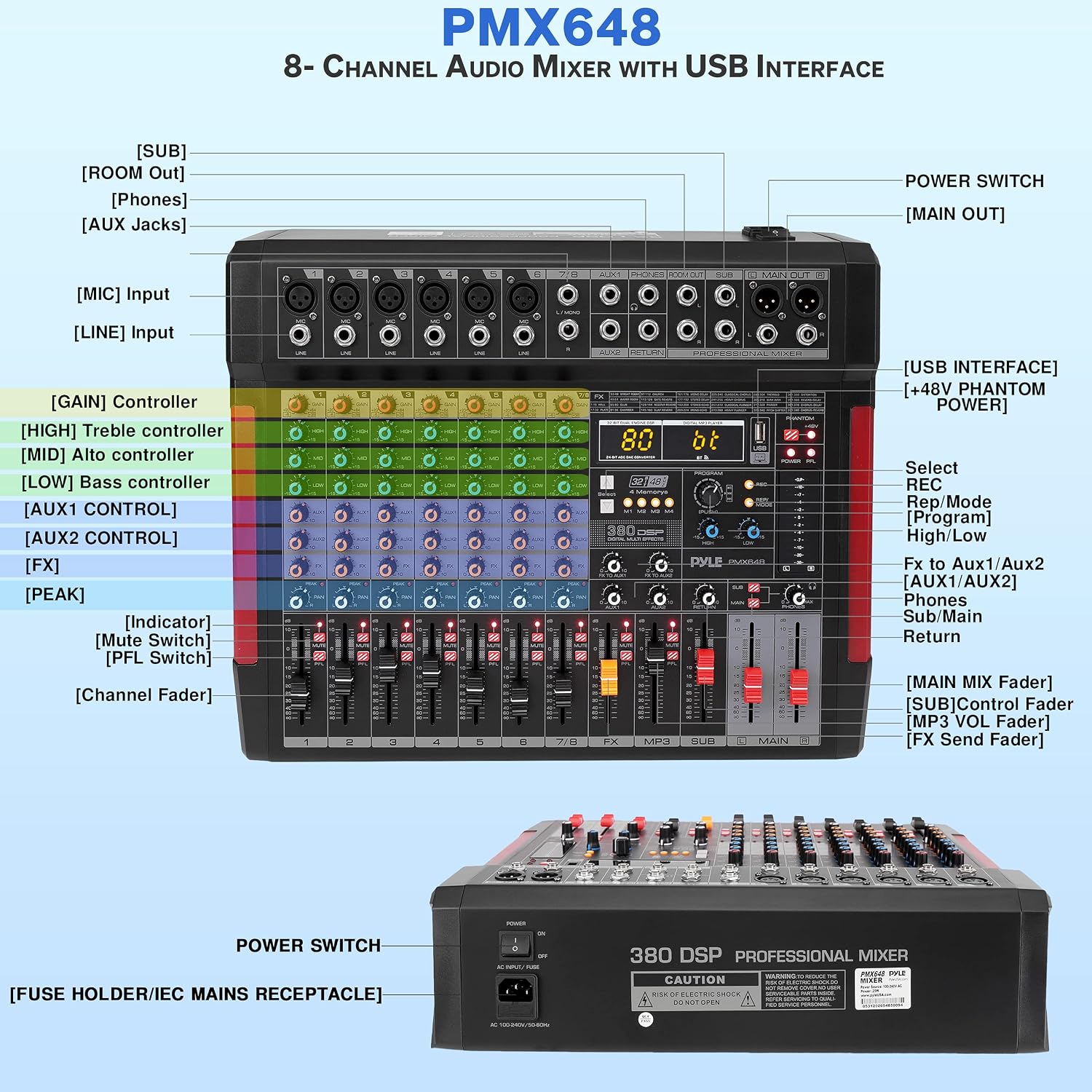 70% Off Everything Professional DJ Audio Mixer Controller - 8-Channel DJ Controller Sound Mixer w/ DSP 380 Preset Effects, Recording, USB, 6 XLR Mic/Line Input, AUX, FX Processor MP3 Player, Headphone Jack - Pyle PMX648
