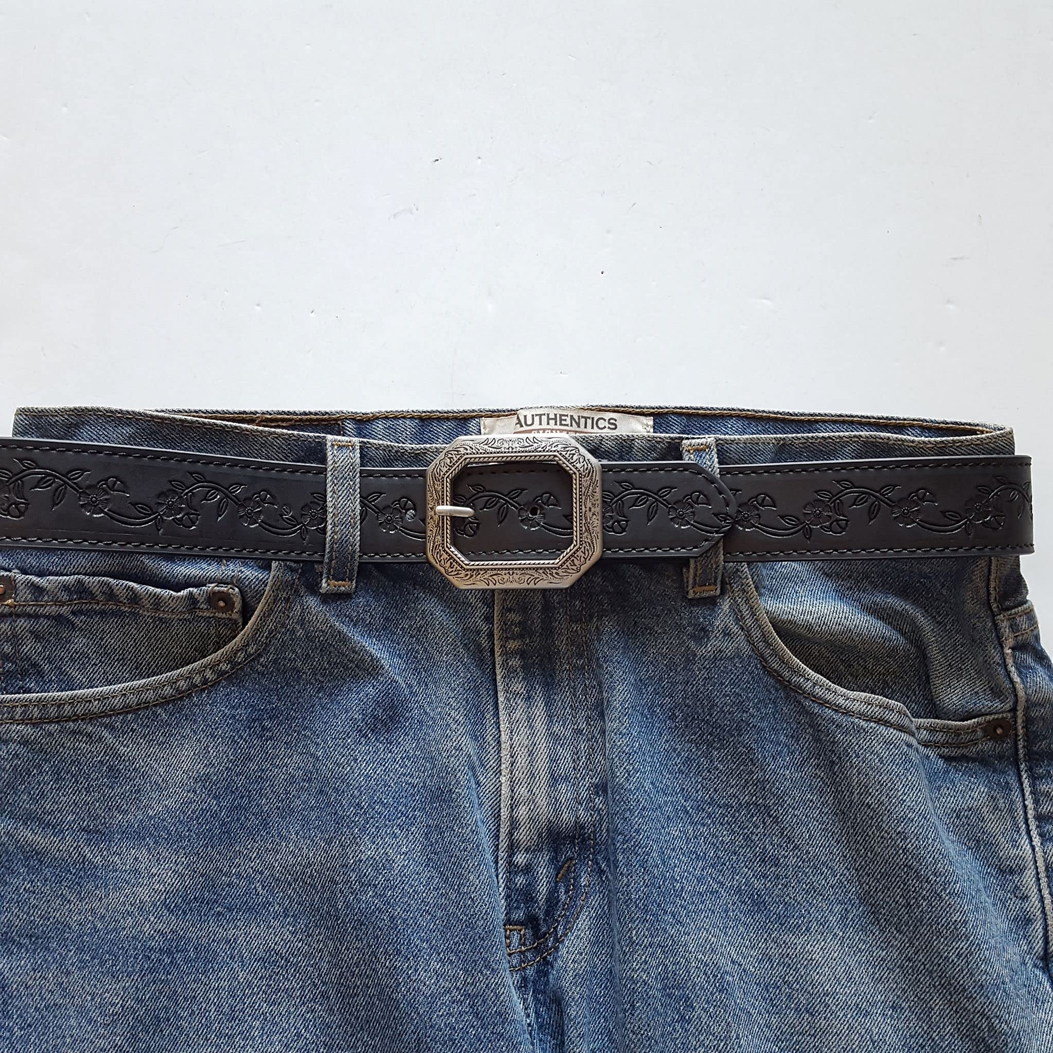 Trendy Floral Tooled Belt with a silver floral etched buckle Black L