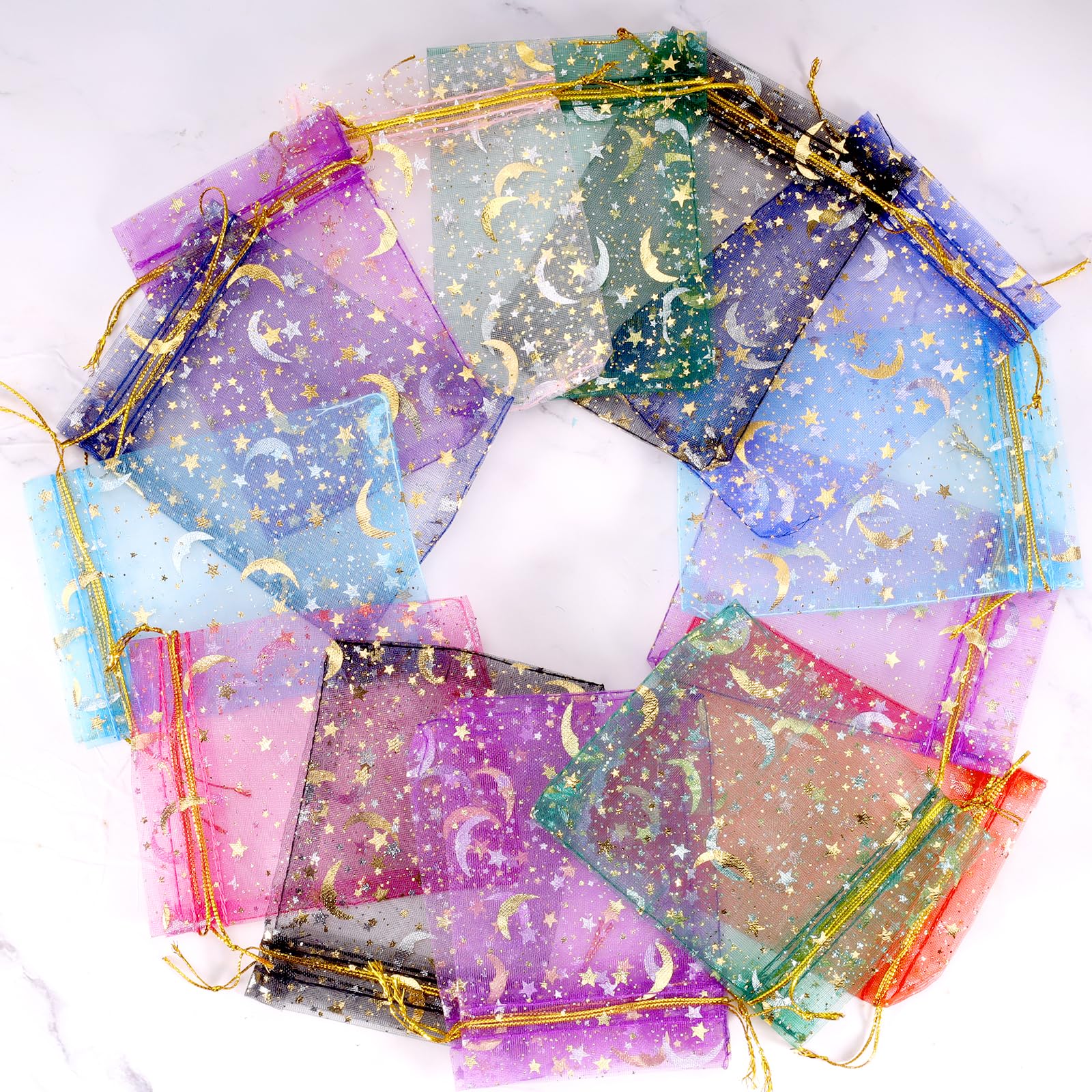 HUMOKI 100 PCS Sacs Organza 12x9cm - Pochettes Cadeaux Étoiles Et Lune