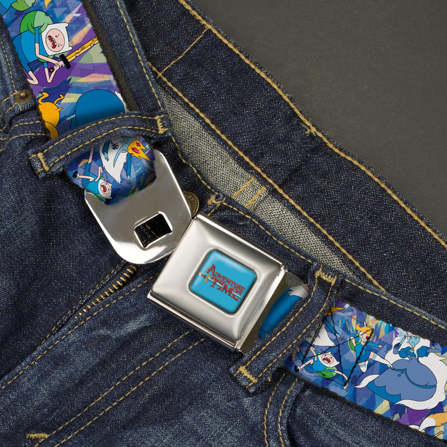 Cartoon Network Belt, Seatbelt Buckle Belt, Adventure Time Finn Jake and Fionna Cake Ice Kingdom Blues, Adjustable