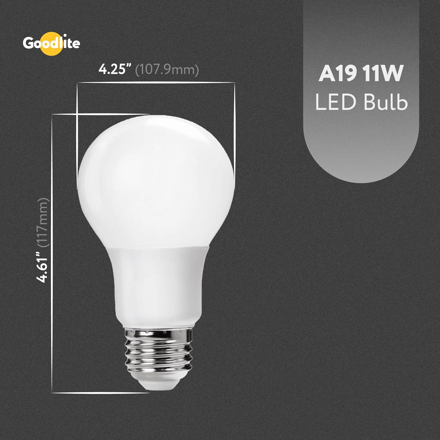 Goodlite A19 Standard LED Light Bulb - 11 Watt, 75W Equivalent, 1200 Lumens, High CRI, 3000K Warm White, Dimmable, UL Listed, 15,000 Life Hours, Damp Location, E26 Base - Indoor and Outdoor (G-19757)
