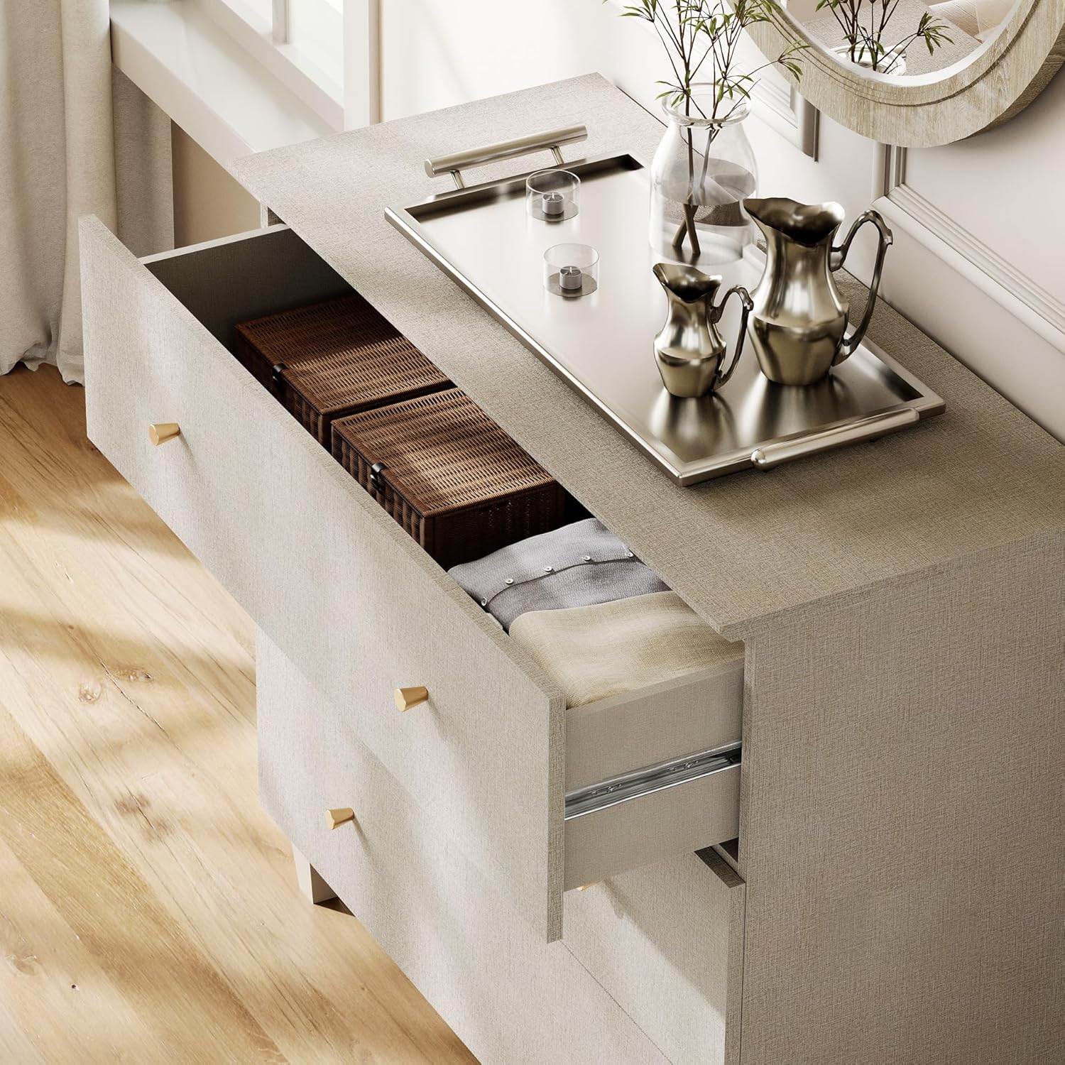 WAMPAT Large Nightstand with 3 Drawers for Bedroom Set of 2, Modern Wood Bedside Chest Dressers, Wide Night Stands Sofa Side End Tables for Living Room, Beige Linen Textured Printed, 35 Inches