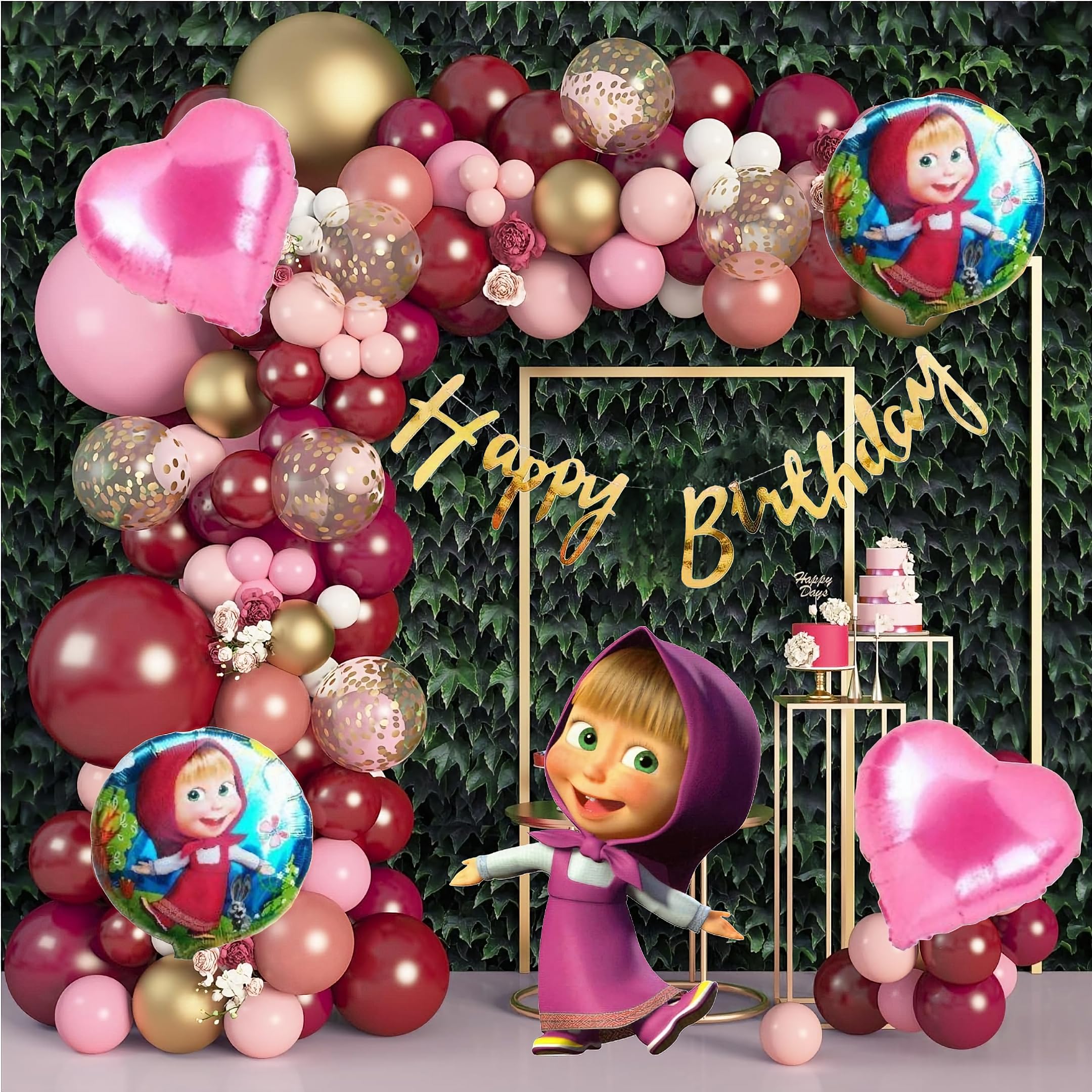 ANILOONS Masha and the Bear Birthday Party Decoration Set, Balloon Garland Kit with Pink and Burgundy Balloons, Gold Frame, Heart Shaped Foil Balloons | Masha Decoration Theme | 73 Pcs-image-41