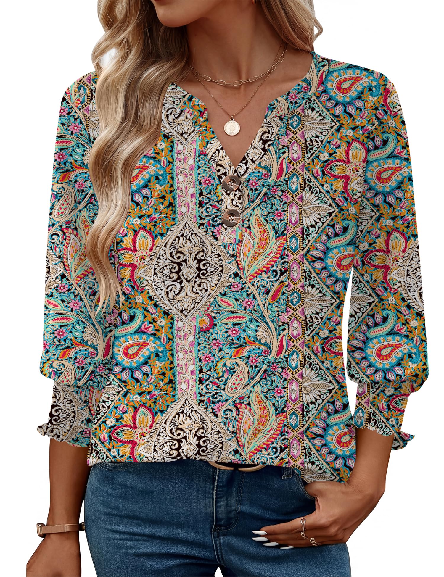 Rapbin Damen Bluse 3/4 Arm V-Ausschnitt Oberteile Knopfleiste Tunika Elegant Lässig Business Blusen Sommer Tops