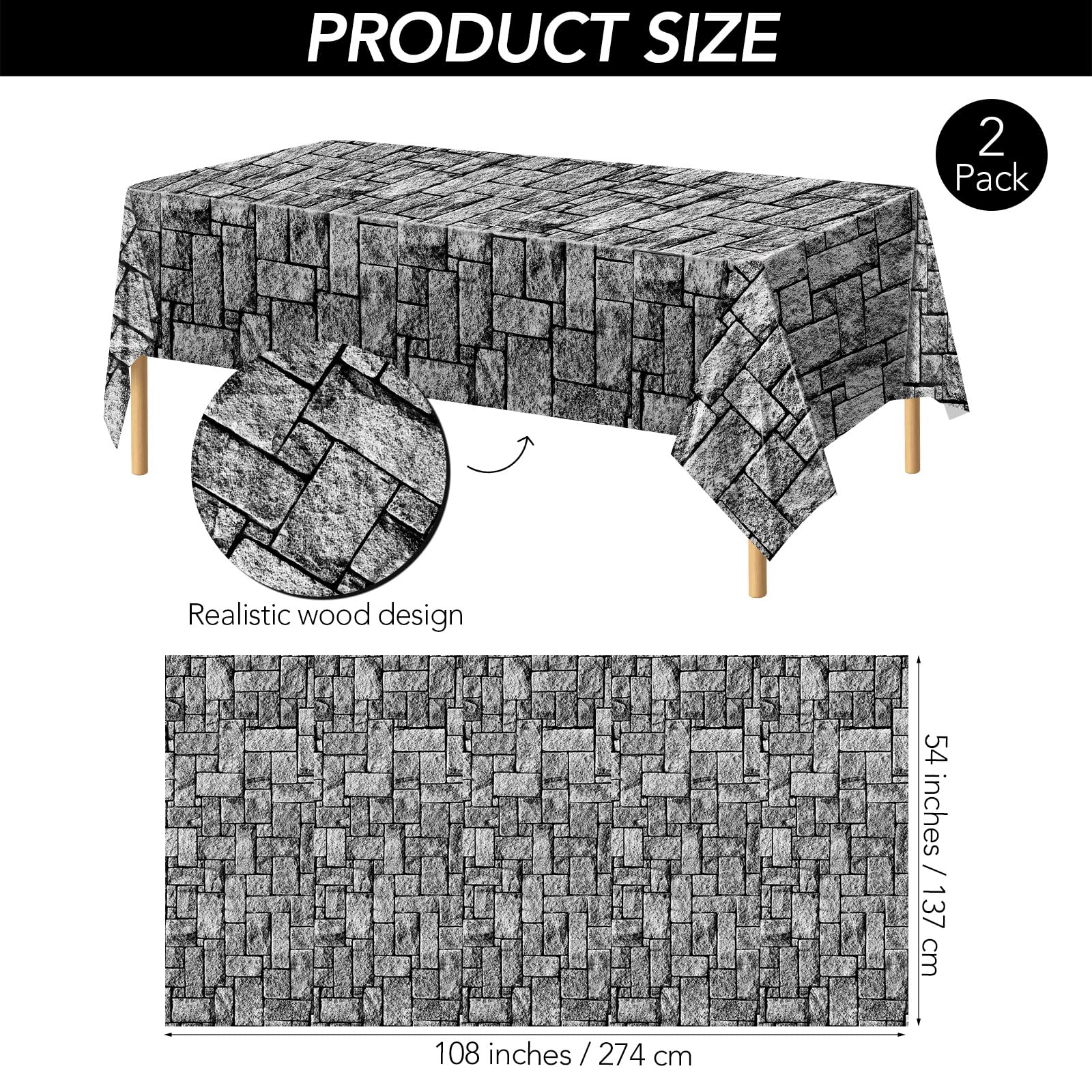 durony 2 Pieces Stone Wall Plastic Tablecloths Table Covers Waterproof Medieval Stone Brick Table Cover for Medieval Castle Knight Themed Party Table Decorations, 108 x 54 Inches