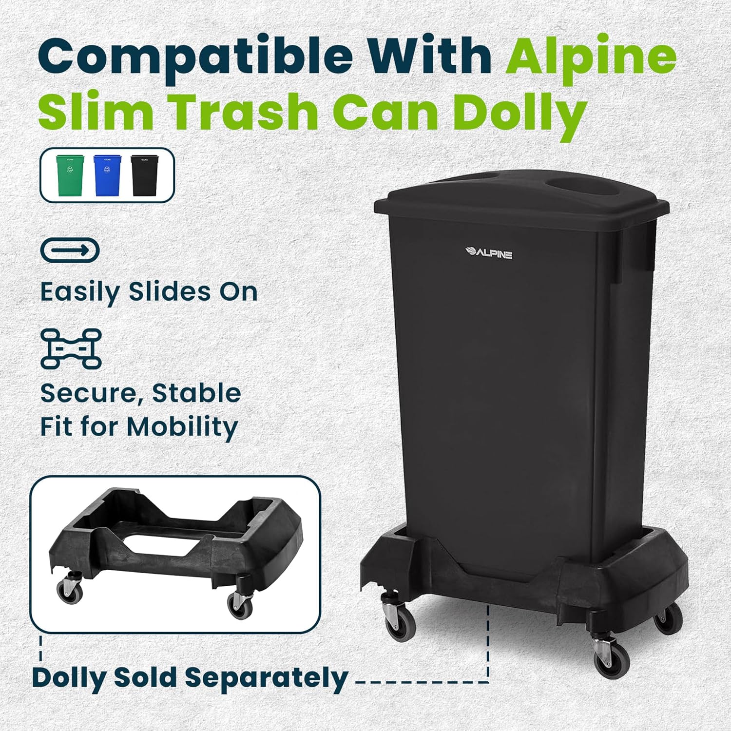 Alpine 23 Gallon Slim Recycling & Trash Bin Set – 3-Pack Blue/Black/Green Plastic Narrow Open-Top Garbage Cans for Office, Home, School & Commercial Use
