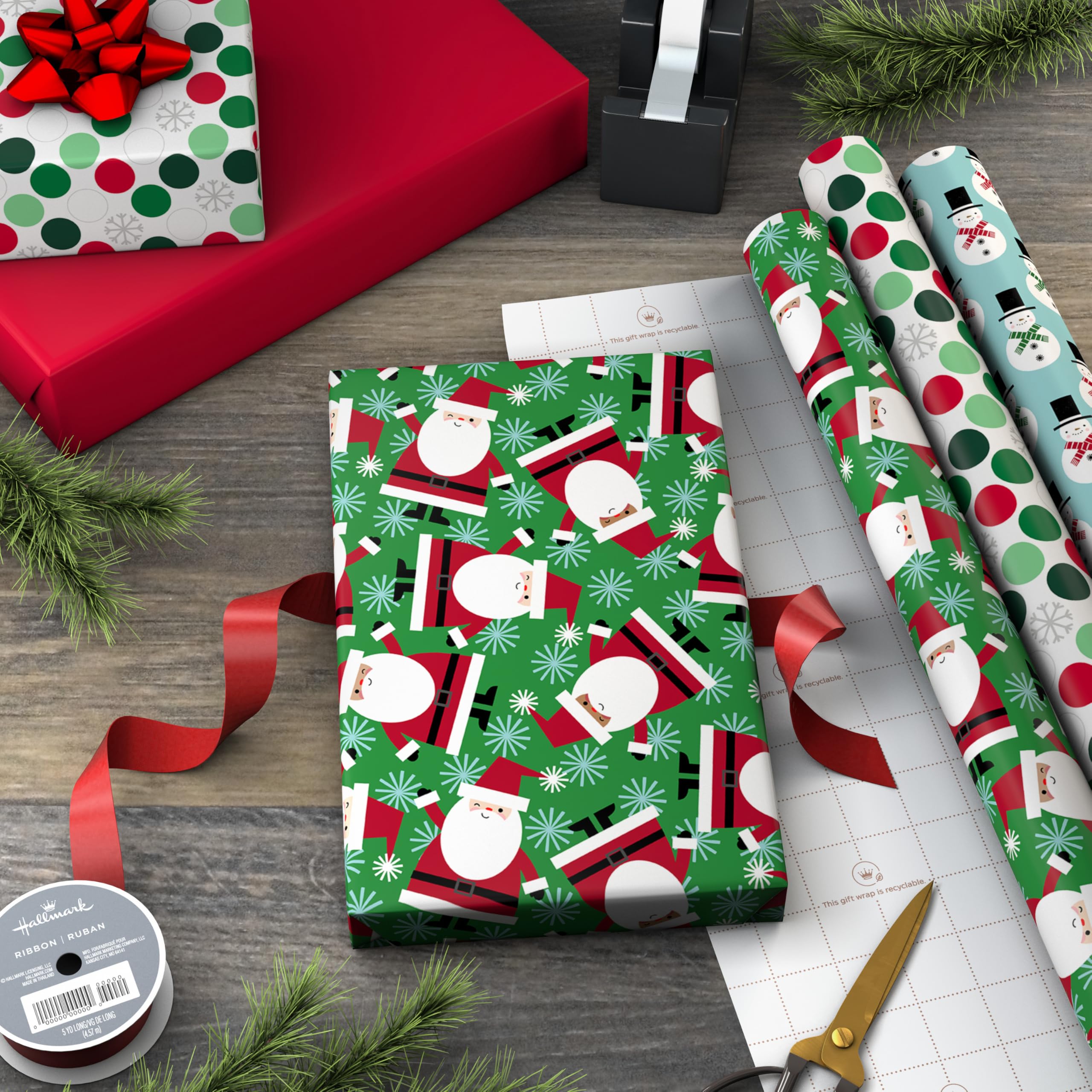 Hallmark Christmas Wrapping Paper with Cutlines on Reverse (3 Rolls: 90 Sq. Ft. Total) Santa Claus, Polka Dots, Snowmen - Image 2
