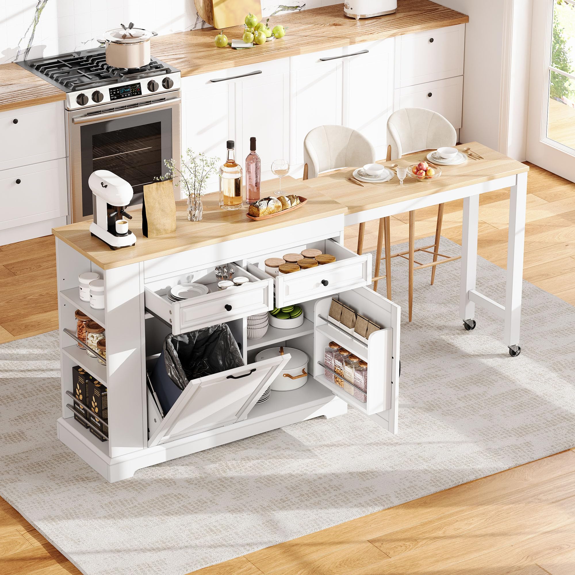 Isola da cucina su ruote, sala da pranzo estensibile con scomparto pattumiera e cassetti, isola mobile da cucina autoportante, ideale per cucina e sala da pranzo, bianco + naturale