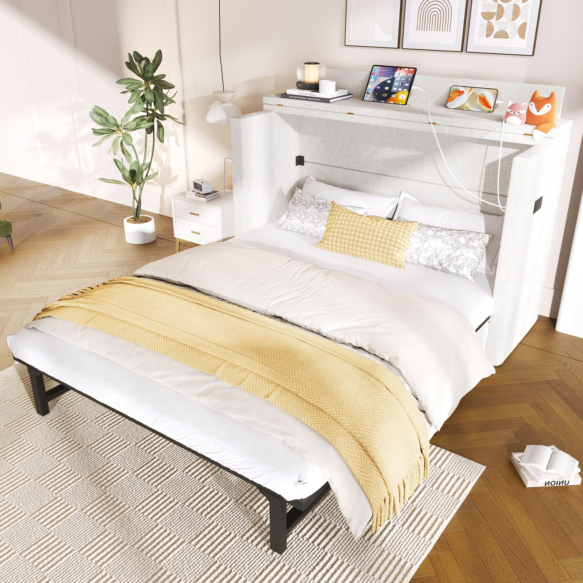 Kebnor Armario cama de 140 x 200 cm, con un cajón, cama móvil con compartimento de almacenamiento junto a la cama, con conexiones USB y tipo C, cama con plataforma convertible, sin colchón, lino