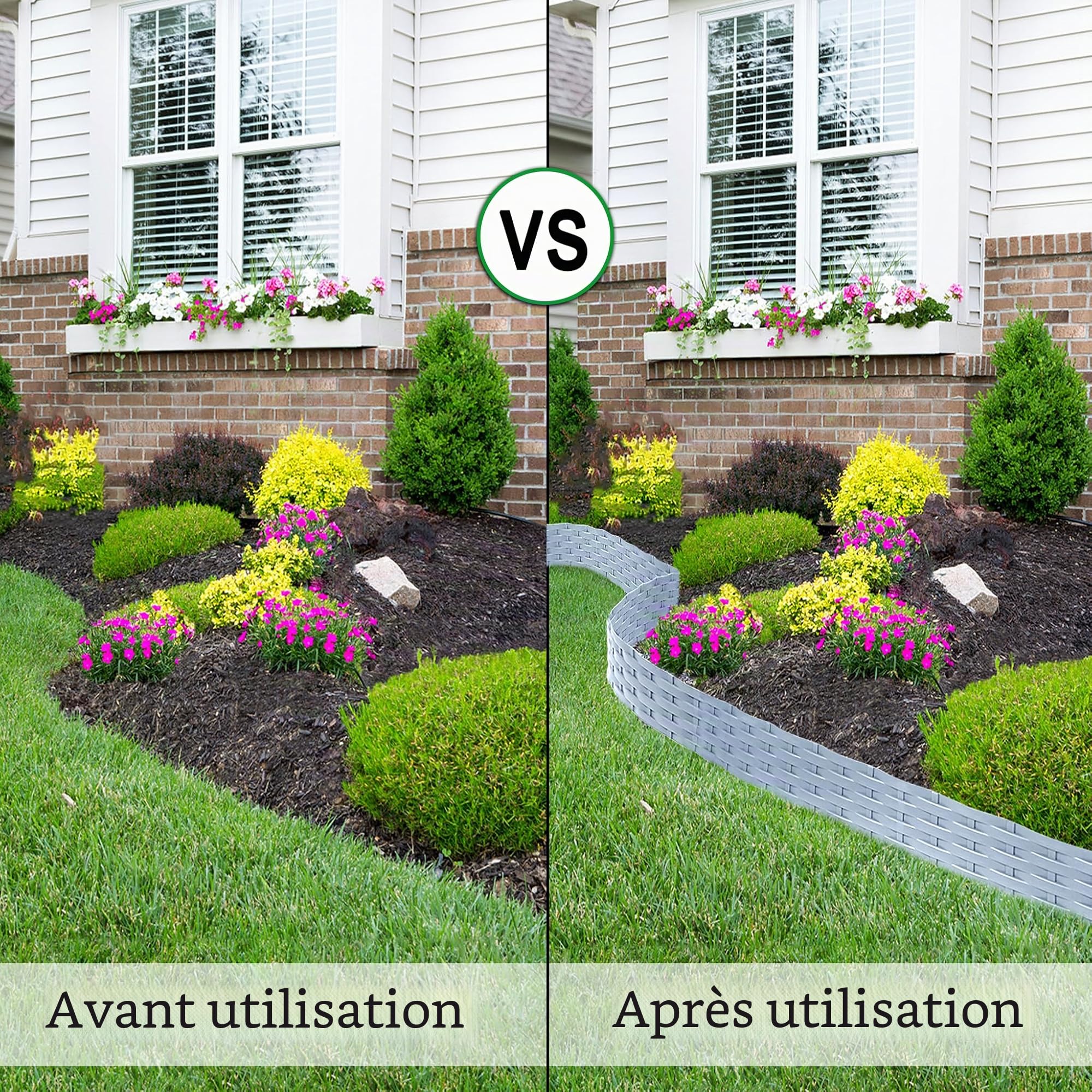 Aufun Bordure de jardin en plastique de 5 m en aspect rotin avec 5 éléments de 100 cm, design flexible pour délimitation de parterre de fleurs, courbe pour coupe de gazon, bordure de plate-bande pour