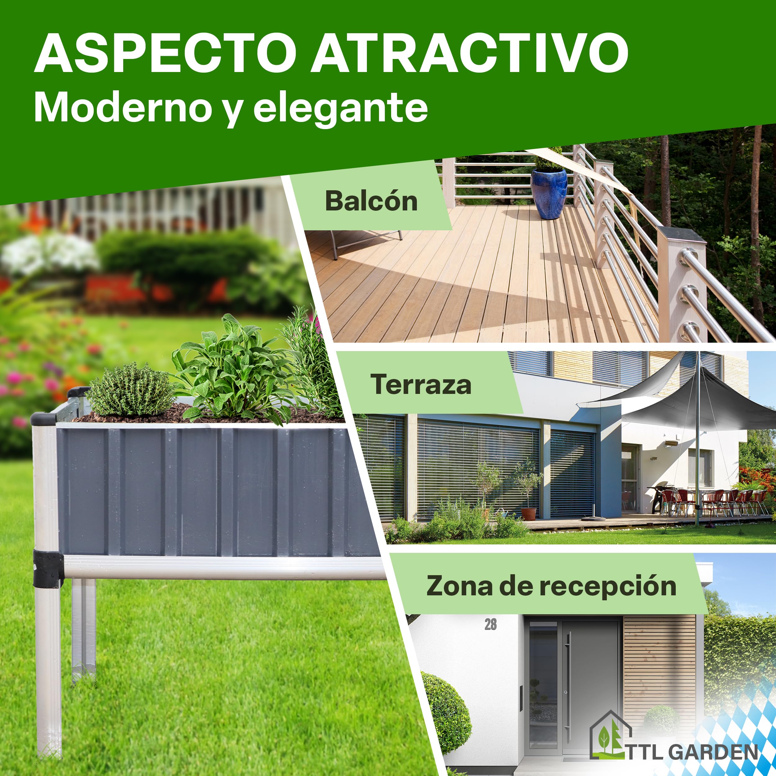 TTL Garden "Superior" - Bancal alto de aluminio con accesorio para semillero - 128 x 114 x 60 cm, gran aluminio de alta calidad con cubierta de invernadero, puertas y techo de policarbonato