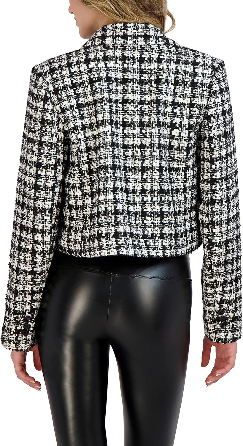 BCBGeneration Women's Relaxed Double Breasted Blazer Long Sleeve Notch Lapel Button Pocket Faux Leather Trim Mixed Media Jacket, Black/White, Large - Image 3